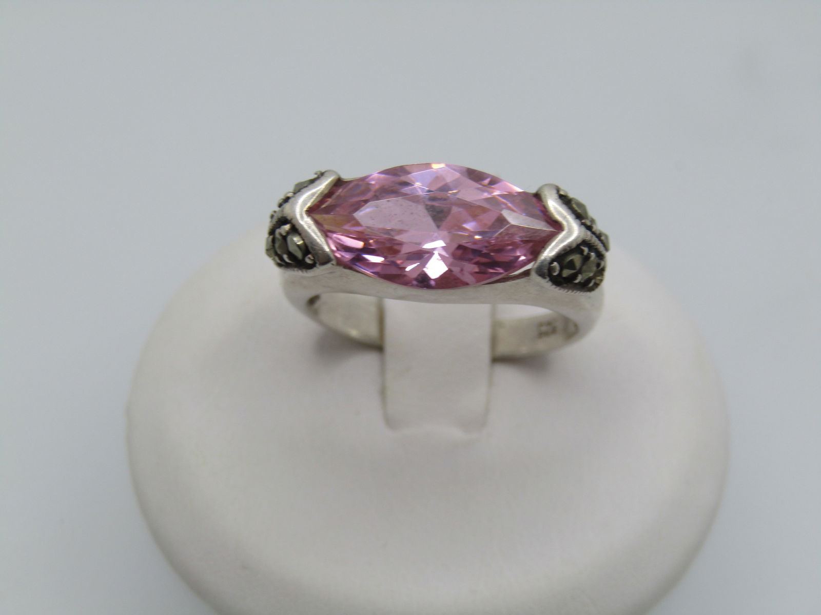 Sterling Pink CZ Marcasite Ring, Sz. 7.5. - 2