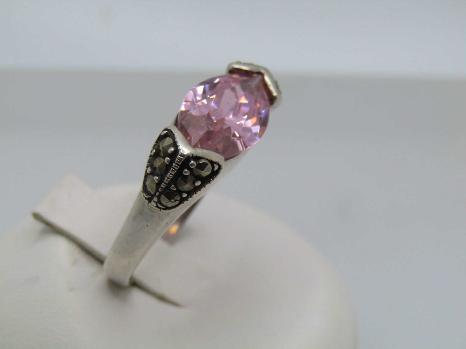 Sterling Pink CZ Marcasite Ring, Sz. 7.5. - 3