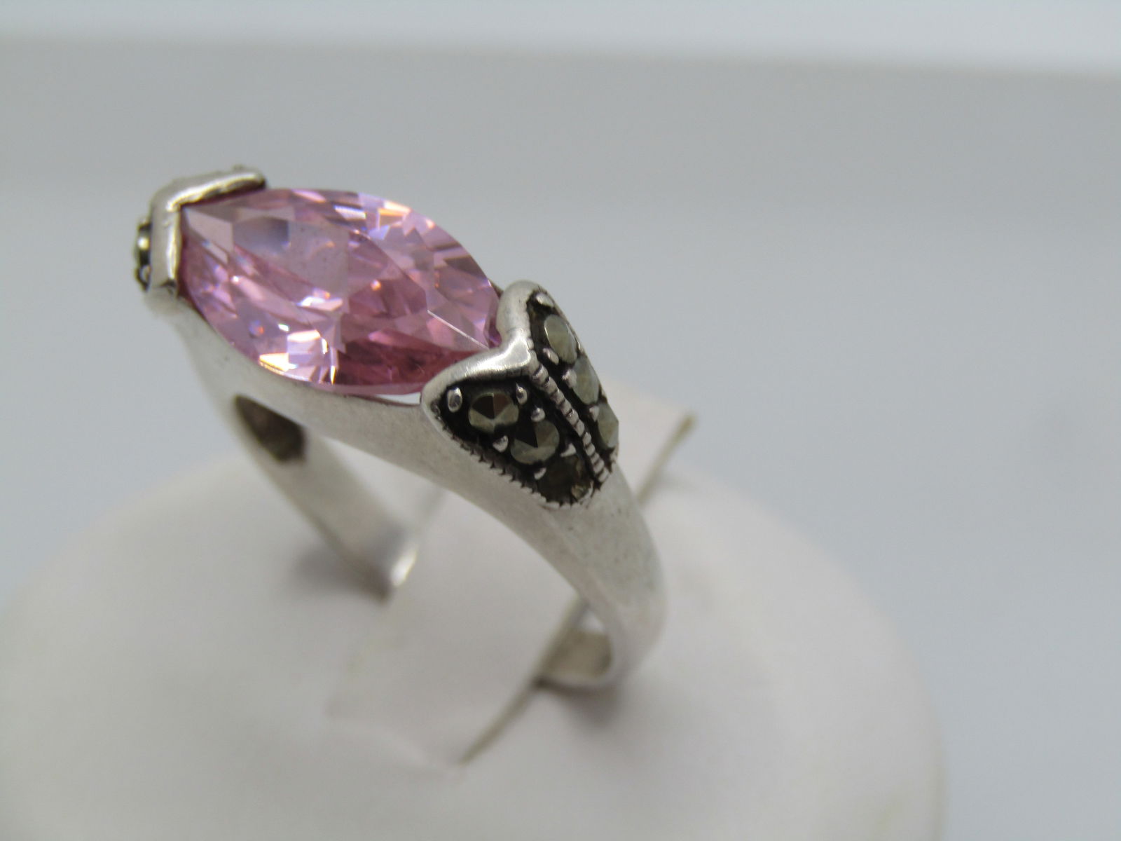 Sterling Pink CZ Marcasite Ring, Sz. 7.5. - 4