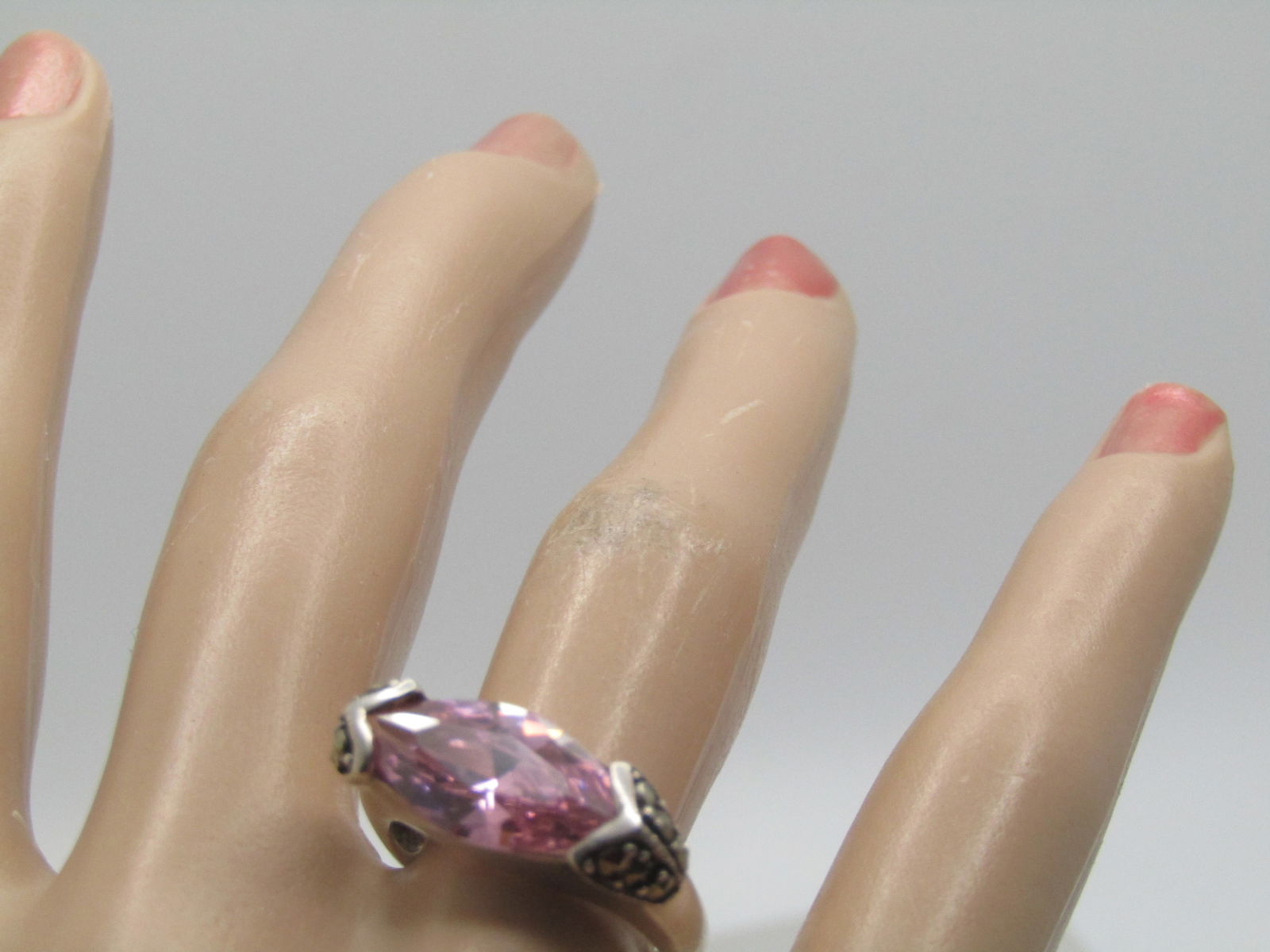 Sterling Pink CZ Marcasite Ring, Sz. 7.5. - 7