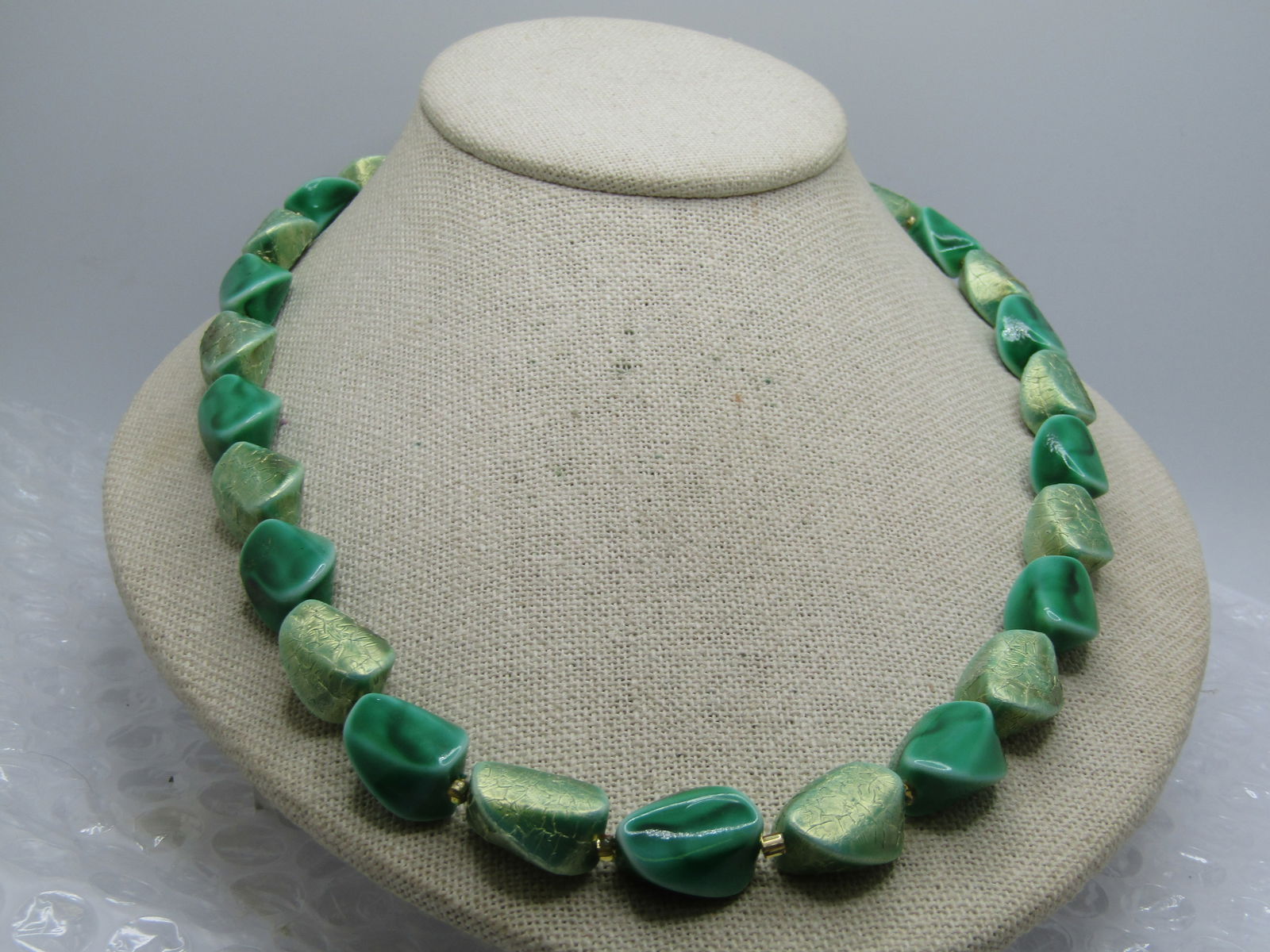 Vintage Green & Gold Accented Beaded Necklace, Japan, 1940's-1950's, 20" - 2