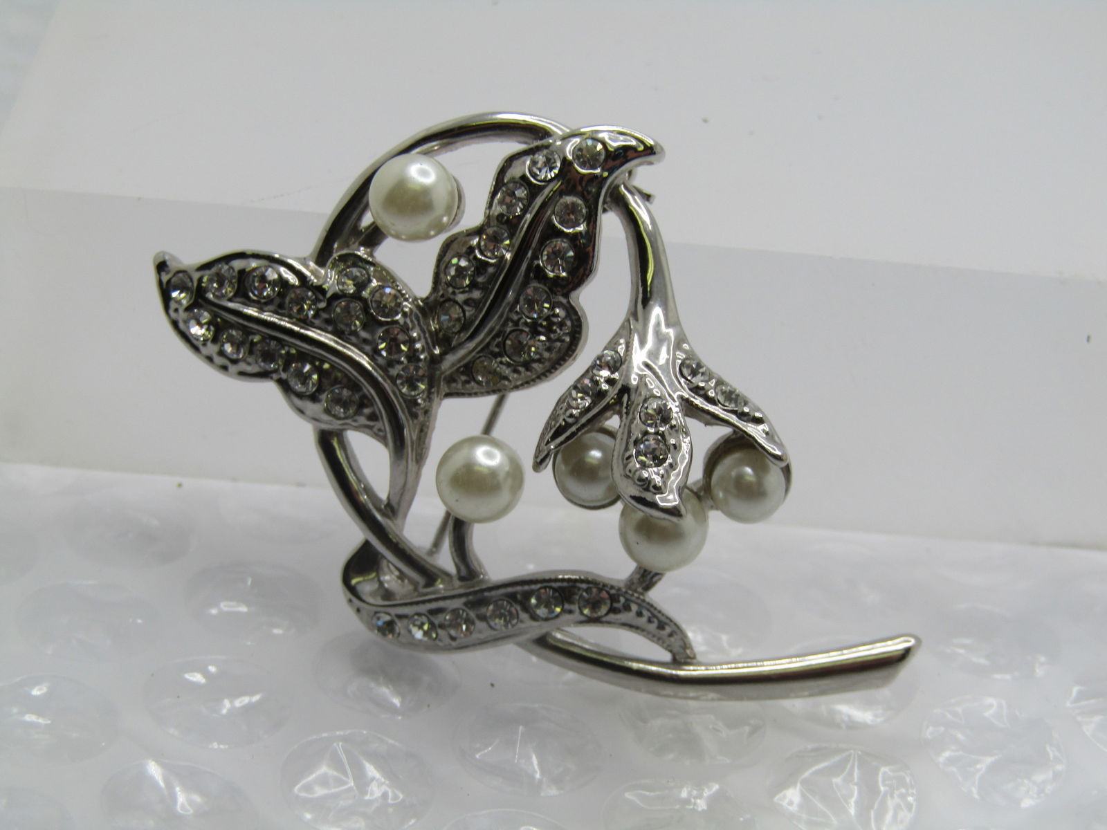 Vintage Faux Pearl & Rhinestone Leaf Stem Brooch, 1980's-1990's - 2