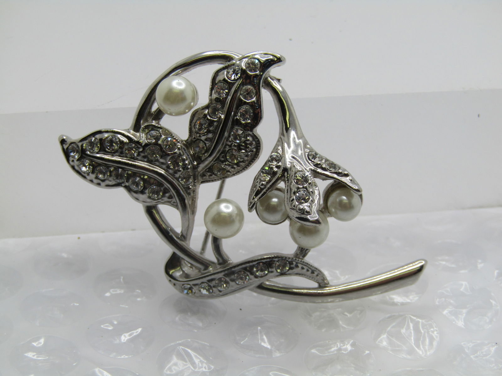 Vintage Faux Pearl & Rhinestone Leaf Stem Brooch, 1980's-1990's - 3