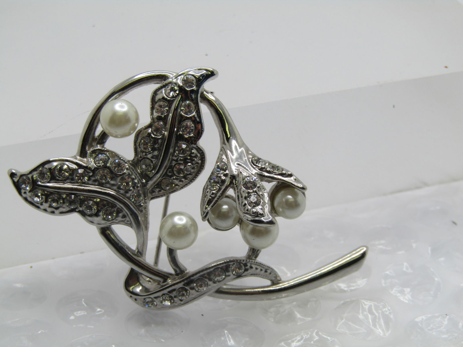 Vintage Faux Pearl & Rhinestone Leaf Stem Brooch, 1980's-1990's - 4