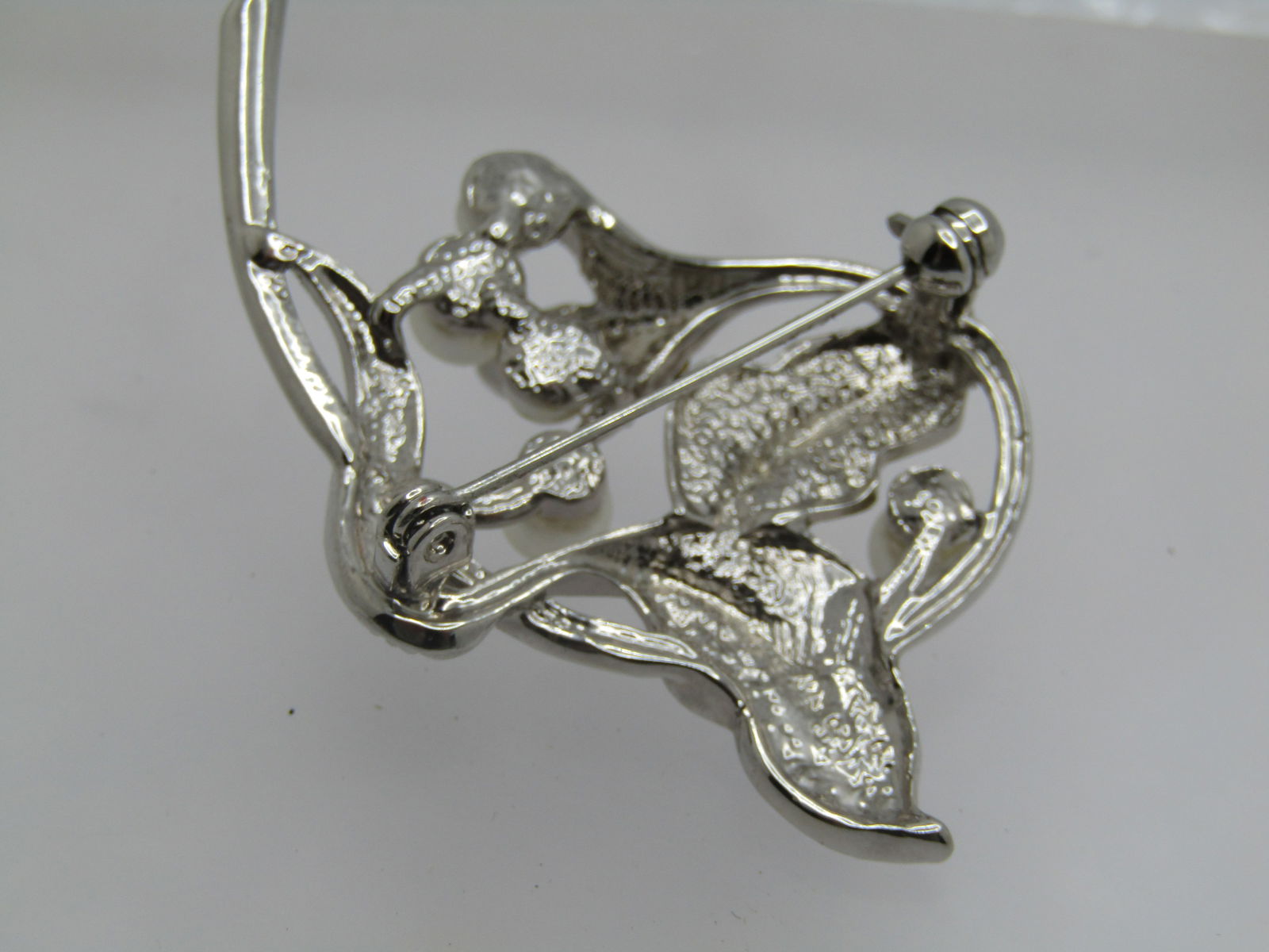 Vintage Faux Pearl & Rhinestone Leaf Stem Brooch, 1980's-1990's - 6