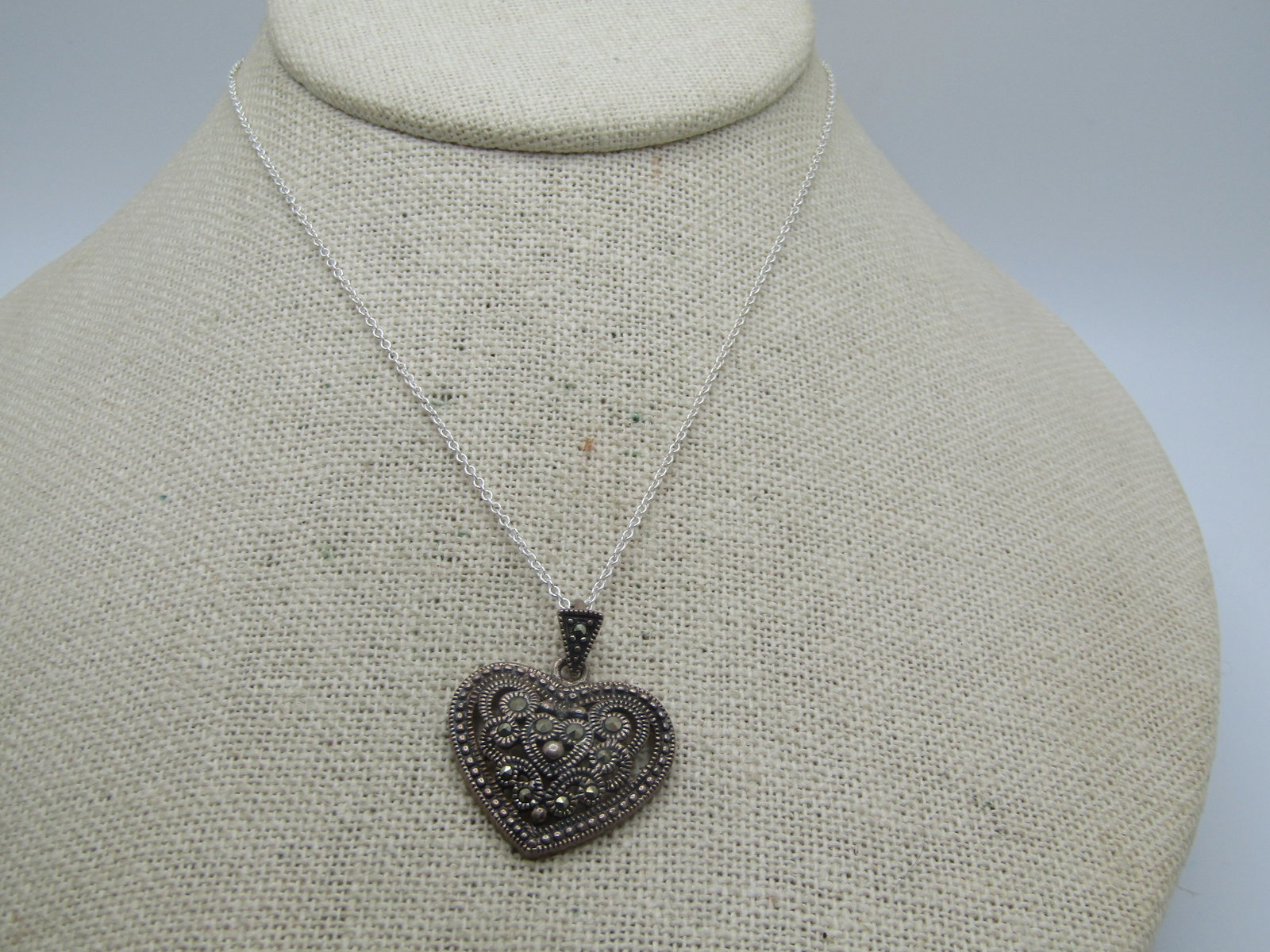 Vintage Sterling Marcasite Heart Necklace, 18", Signed MA: Vintage Sterling Marcasite Heart Necklace, 18", Signed MA, Thailand. The chain is newer than the pendant and brighter. The chain also has been tested and together the weight is appx. 5.39 gr. The hear