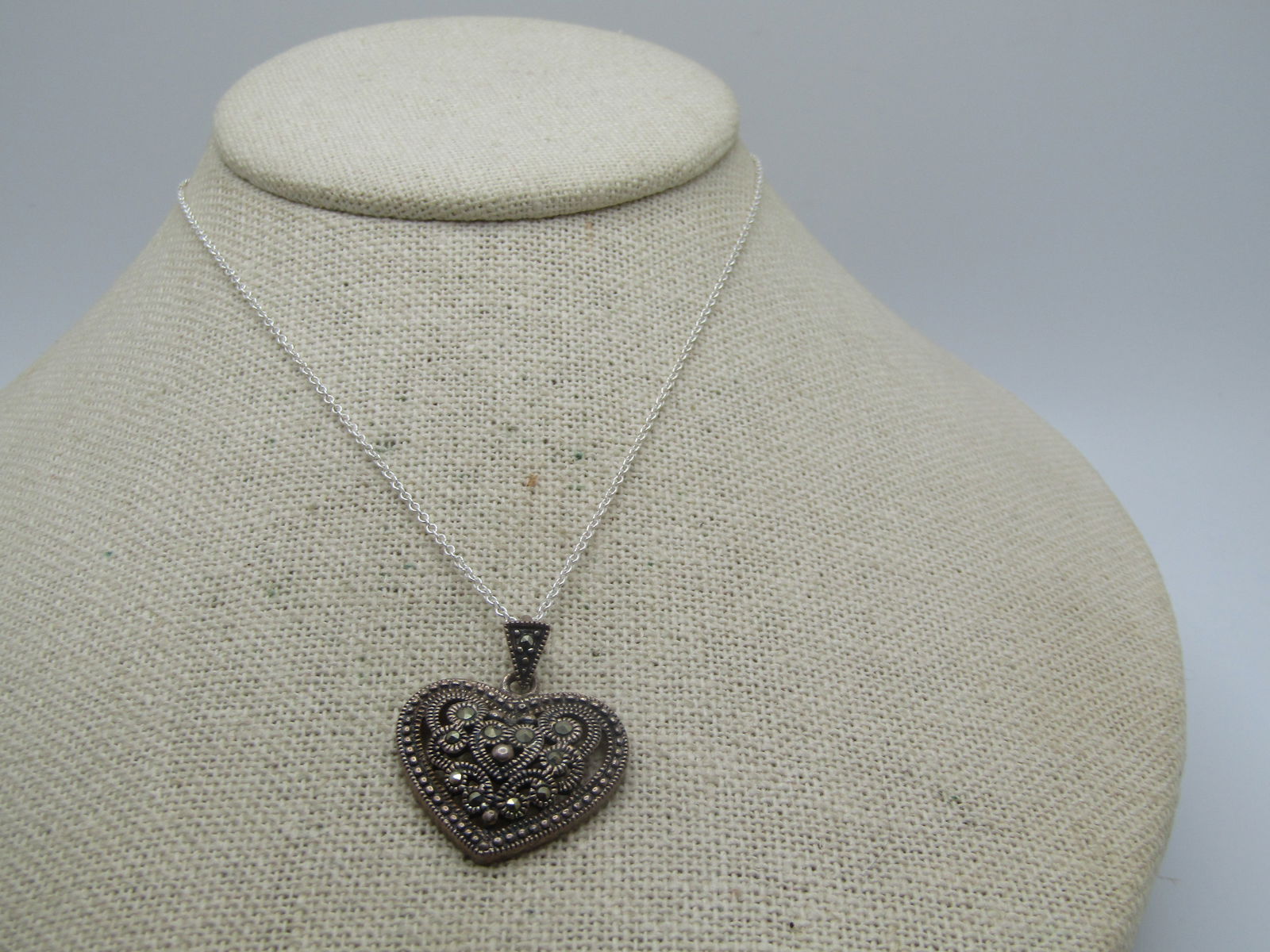 Vintage Sterling Marcasite Heart Necklace, 18", Signed MA - 2