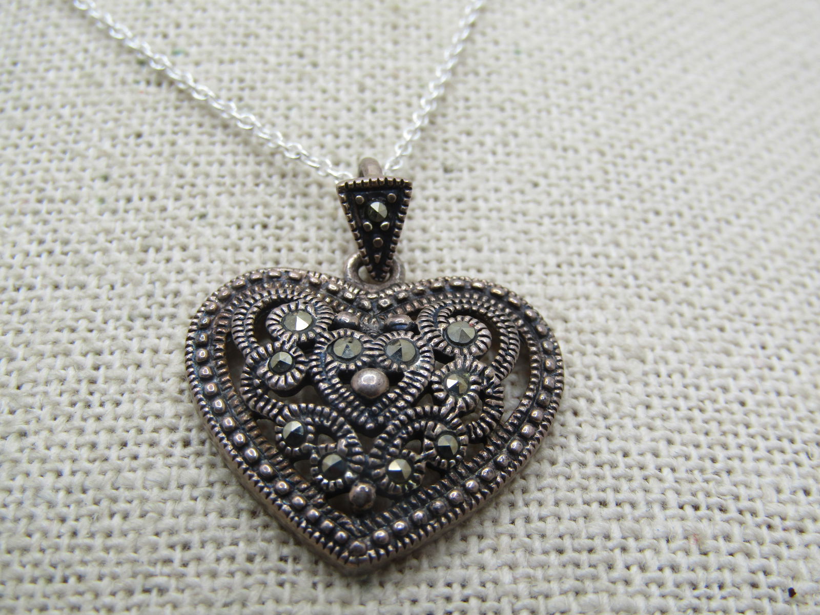 Vintage Sterling Marcasite Heart Necklace, 18", Signed MA - 3