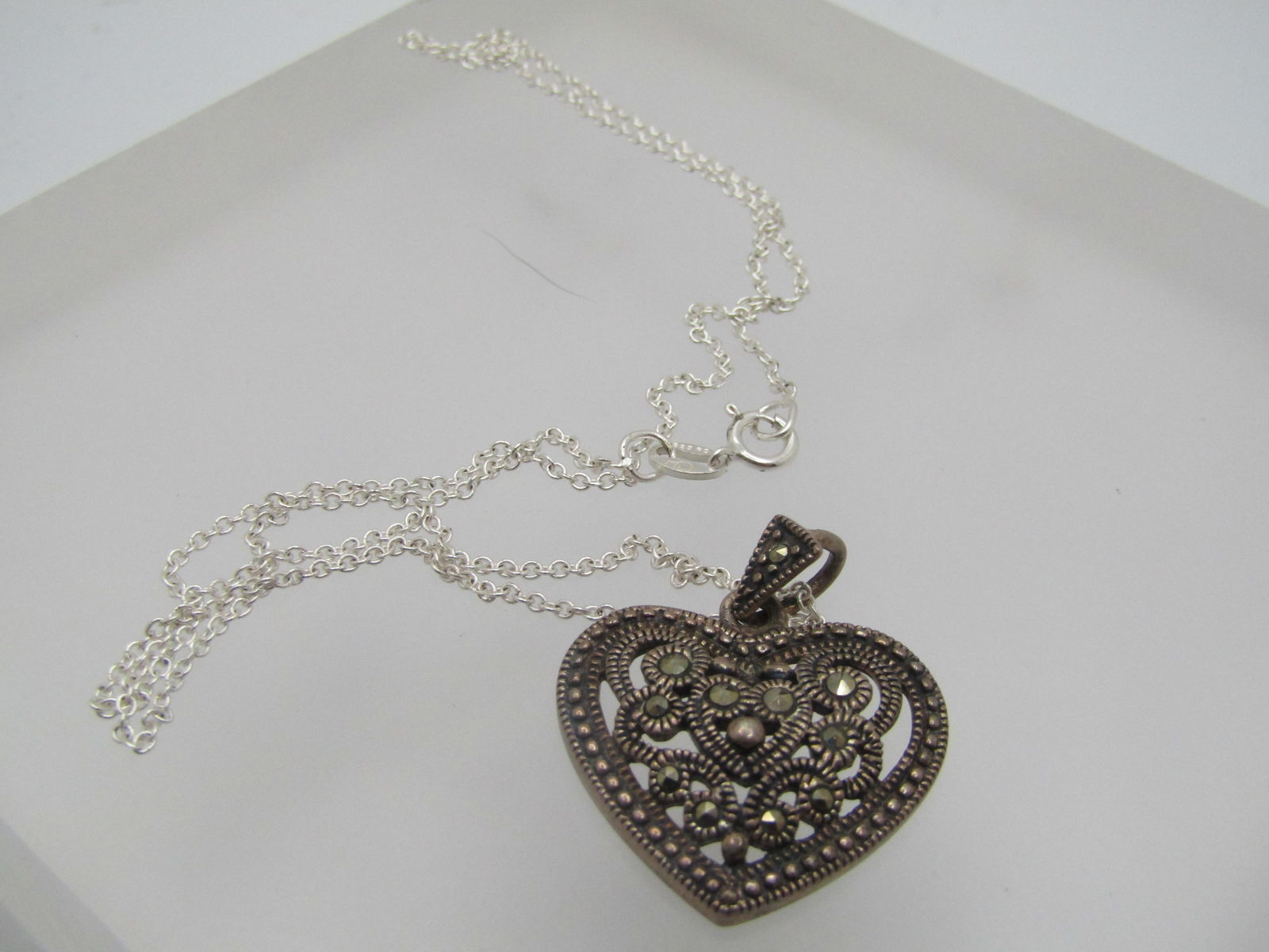 Vintage Sterling Marcasite Heart Necklace, 18", Signed MA - 5