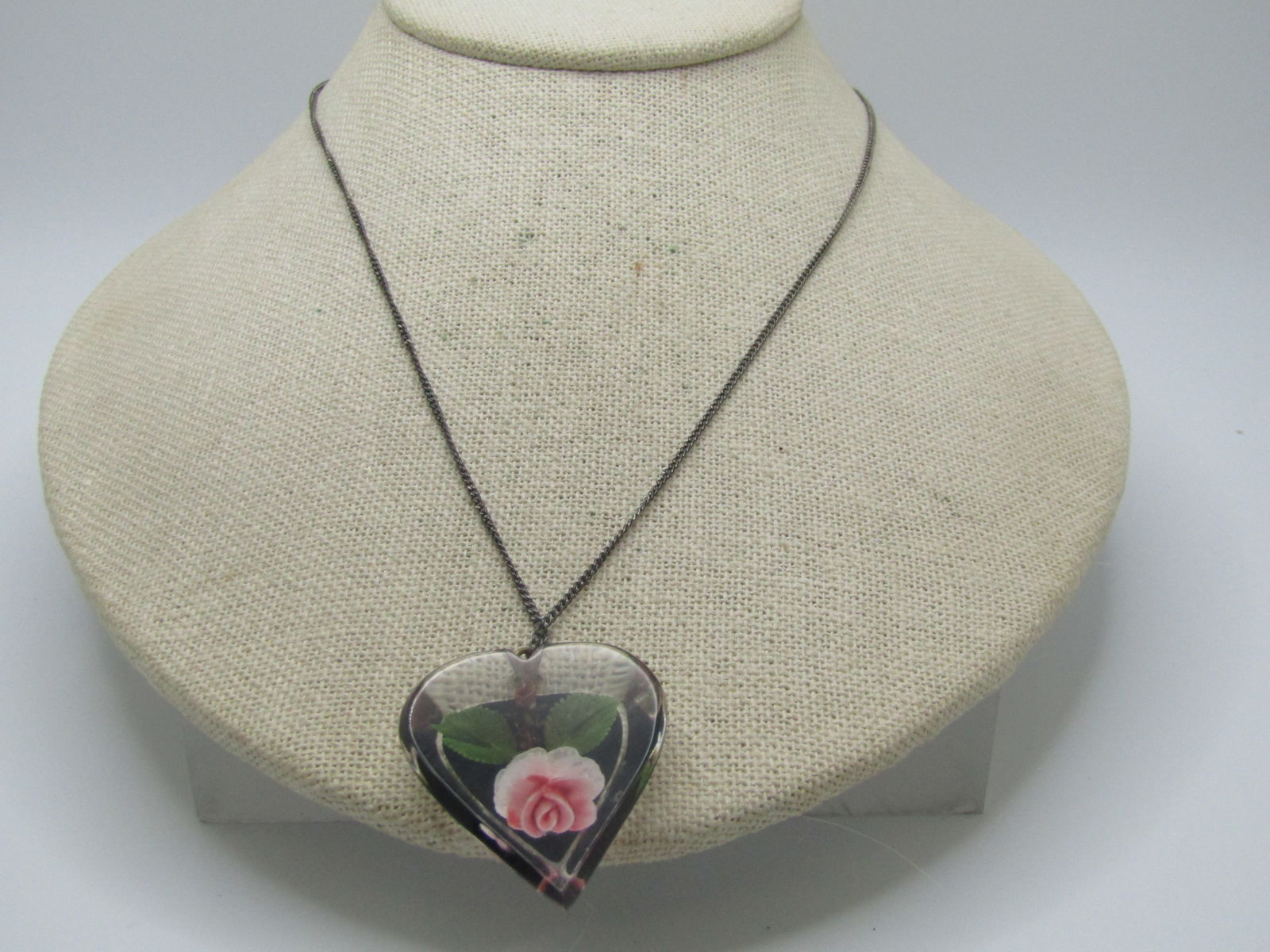 Vintage Sterling Reversed Carved Rose Heart Necklace, 18", 1940's-1950's - 4