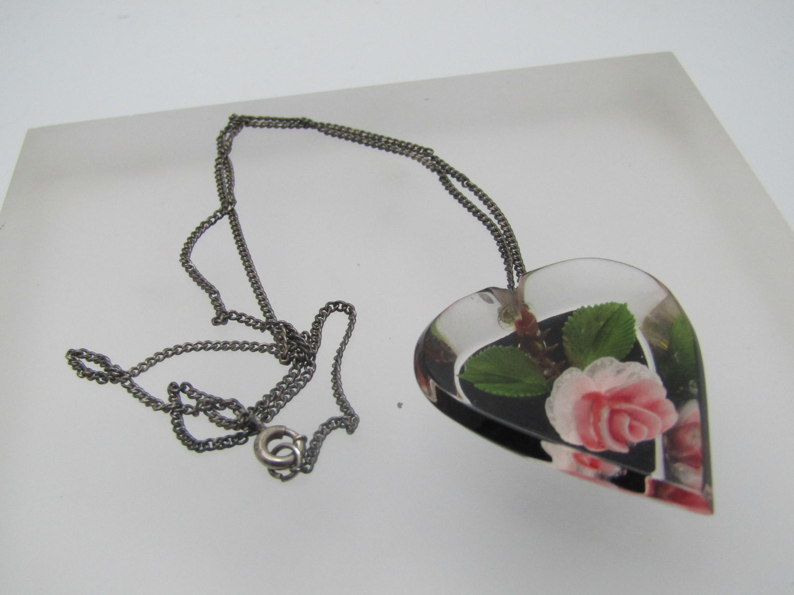 Vintage Sterling Reversed Carved Rose Heart Necklace, 18", 1940's-1950's - 5