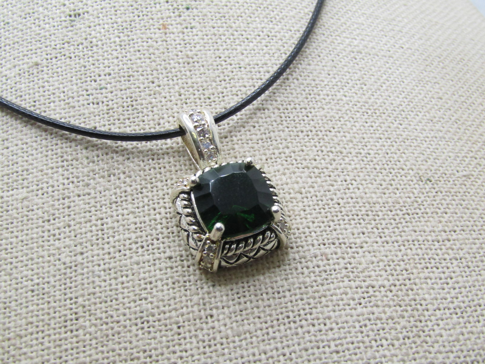 Silver Plated Green & Clear Rhinestone Necklace, 20" Black Cord - 3