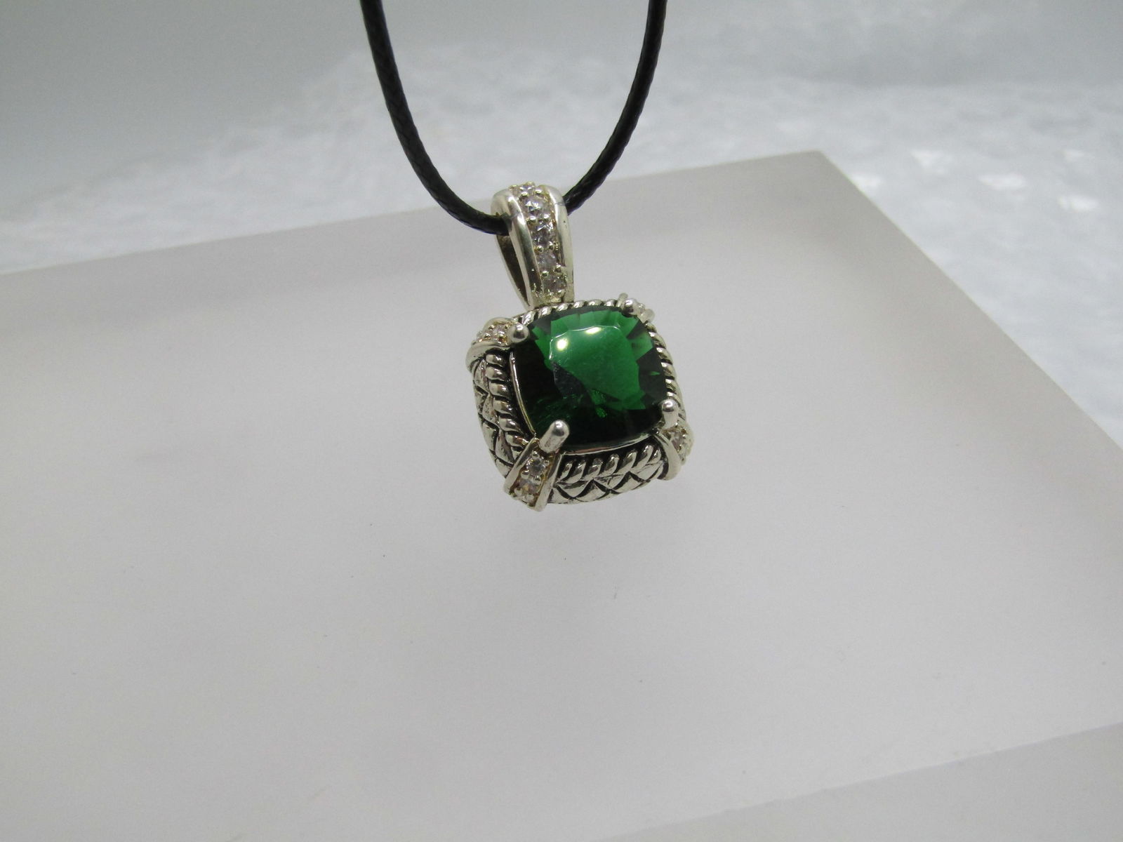 Silver Plated Green & Clear Rhinestone Necklace, 20" Black Cord - 6