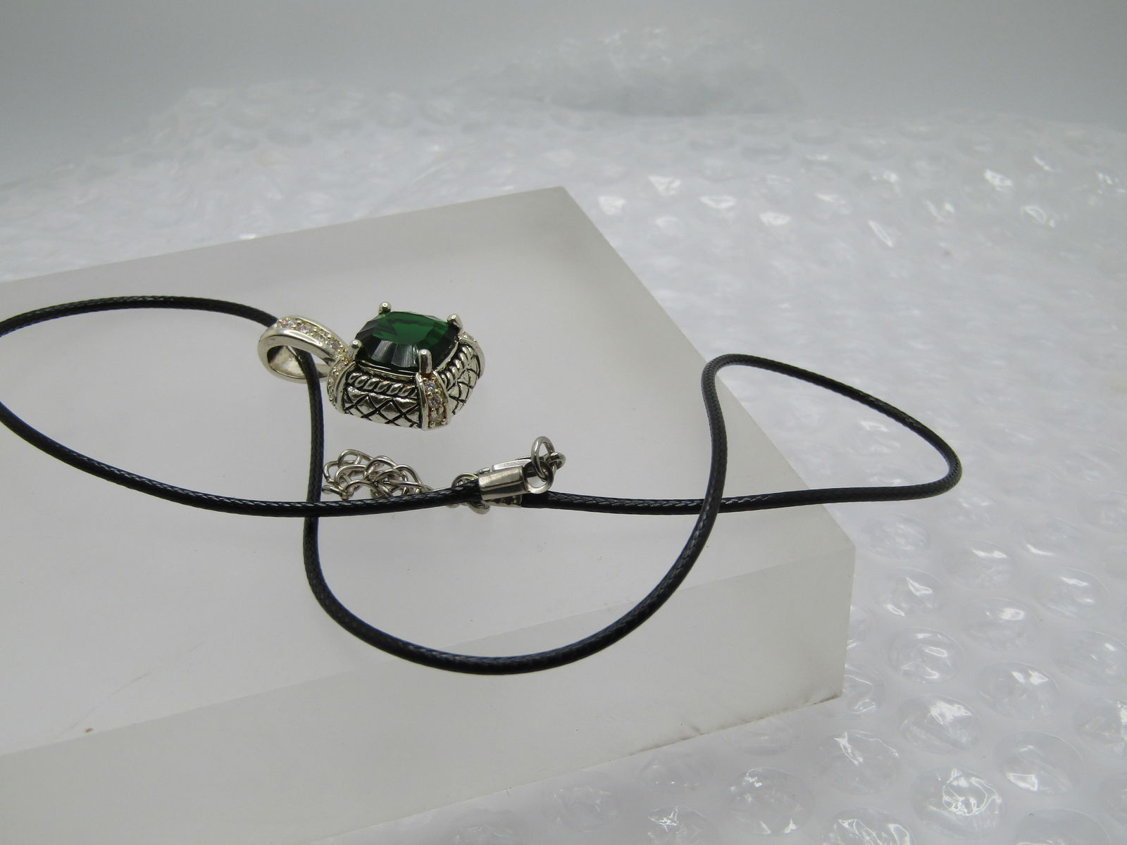 Silver Plated Green & Clear Rhinestone Necklace, 20" Black Cord - 7