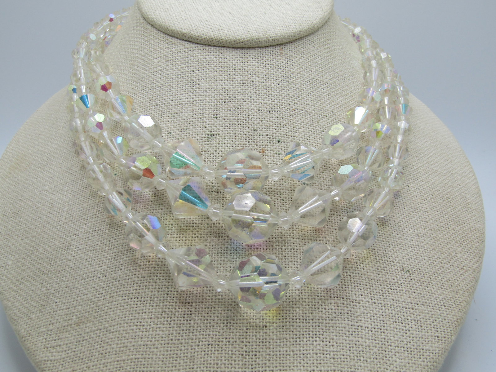 Vintage AB Crystal Necklace, Triple Strand 17", Graduated, 1940's-1950's - 3