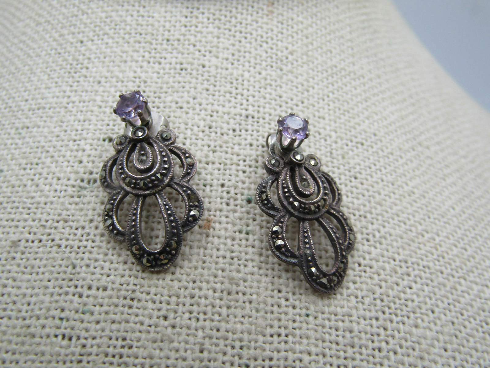 Vintage Sterling Amethyst Stud And Marcasite Skirt Earrings , 1980's, Signed: Vintage Sterling Amethyst Stud And Marcasite Skirt Earrings , 1980's, Signed. This has an appx. 4mm round lavender amethyst stud that can be worn as a stud or with the 7/8" scrolled skirts that have m