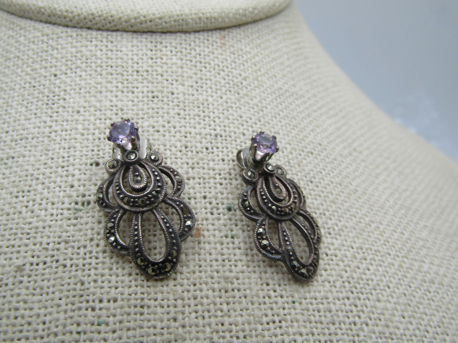 Vintage Sterling Amethyst Stud And Marcasite Skirt Earrings , 1980's, Signed - 2