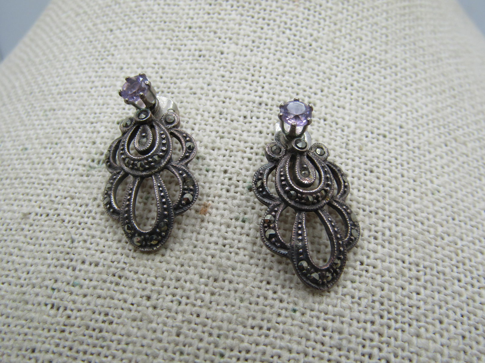 Vintage Sterling Amethyst Stud And Marcasite Skirt Earrings , 1980's, Signed - 3