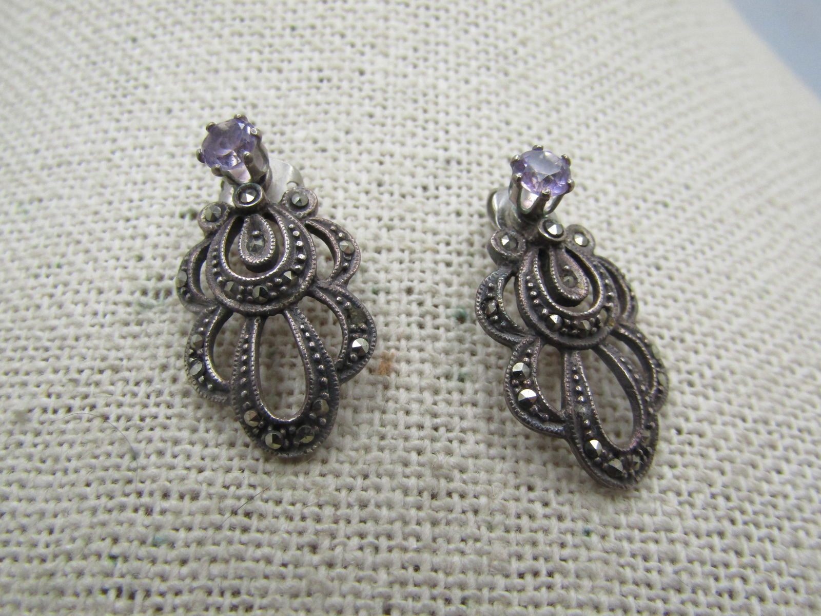 Vintage Sterling Amethyst Stud And Marcasite Skirt Earrings , 1980's, Signed - 4