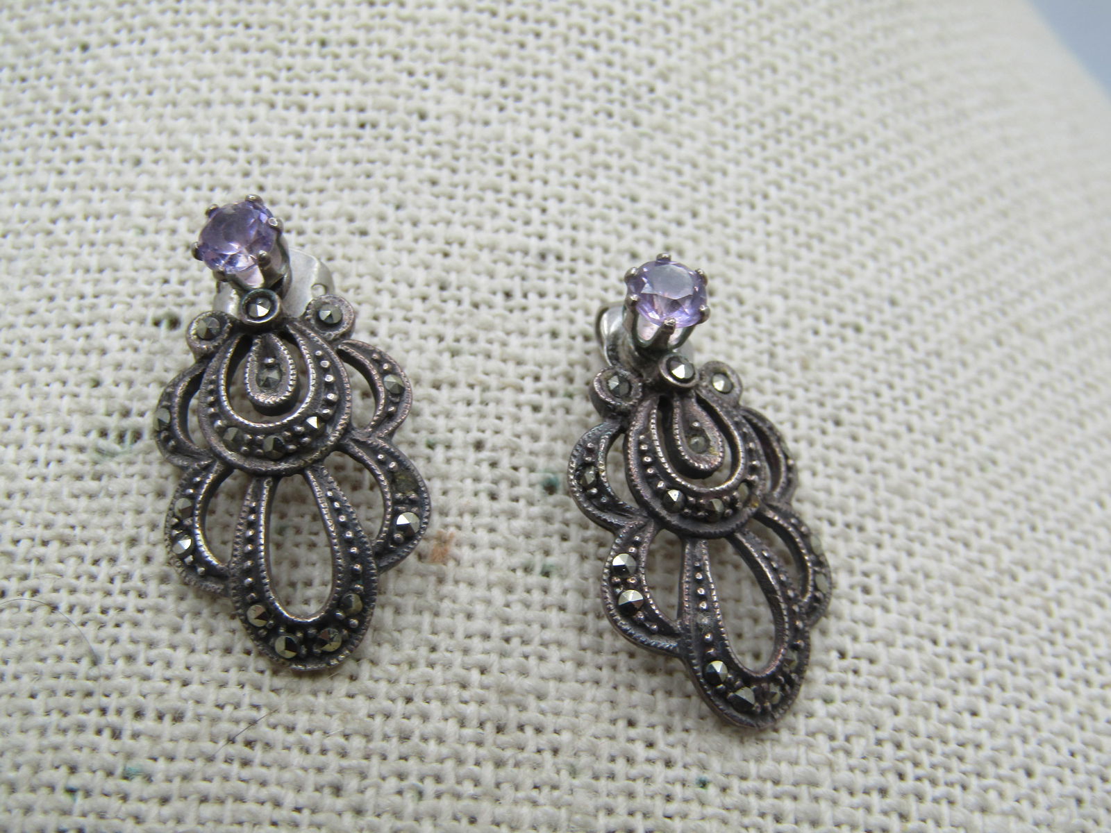 Vintage Sterling Amethyst Stud And Marcasite Skirt Earrings , 1980's, Signed - 5