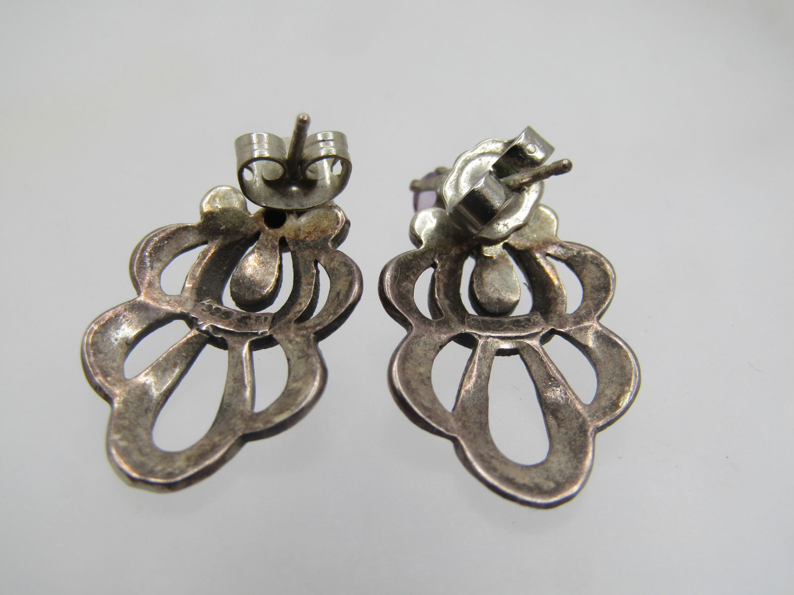 Vintage Sterling Amethyst Stud And Marcasite Skirt Earrings , 1980's, Signed - 6