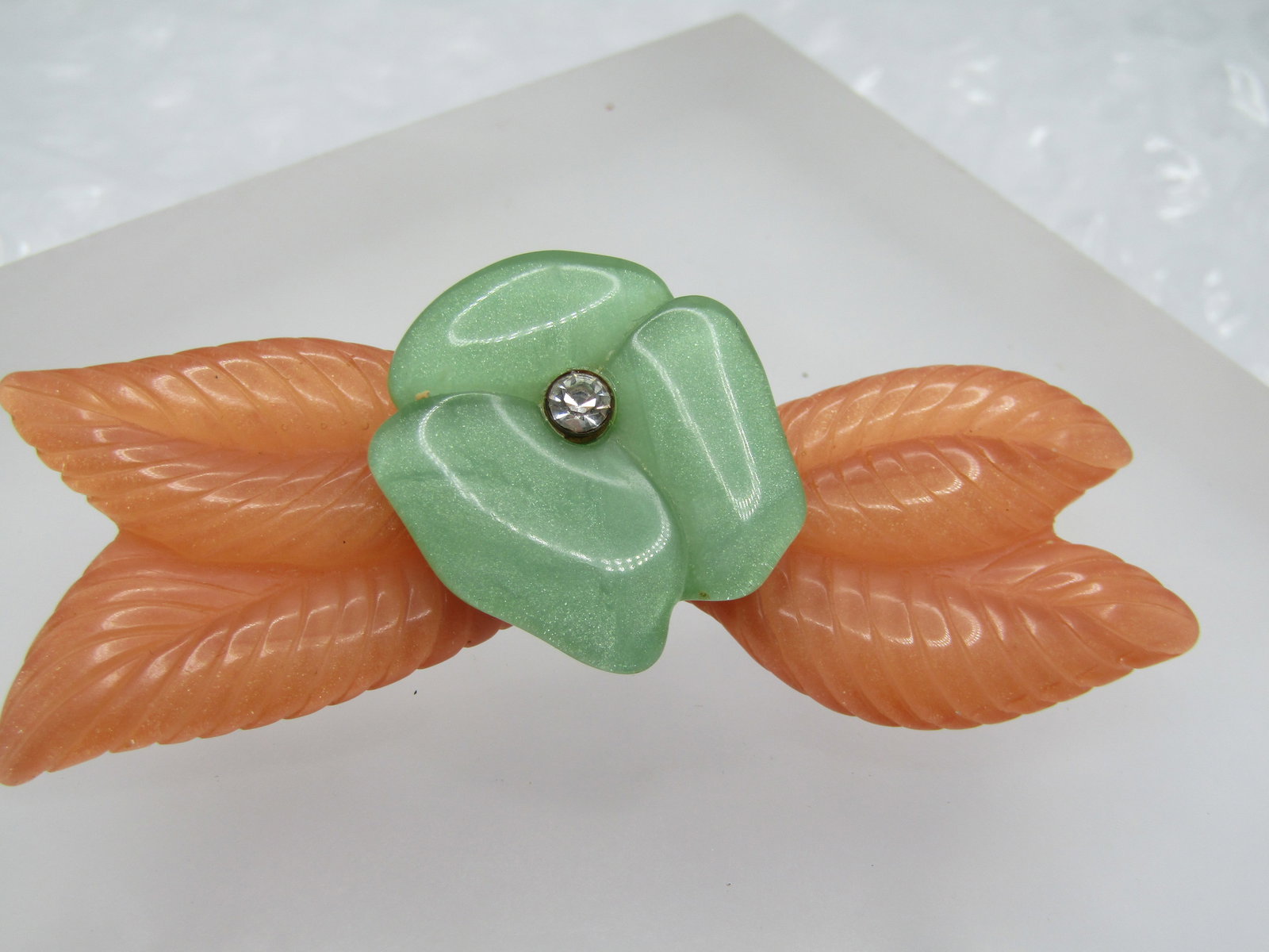 Vintage Celluloid Floral Brooch with Rhinestone. 2.5", - 2