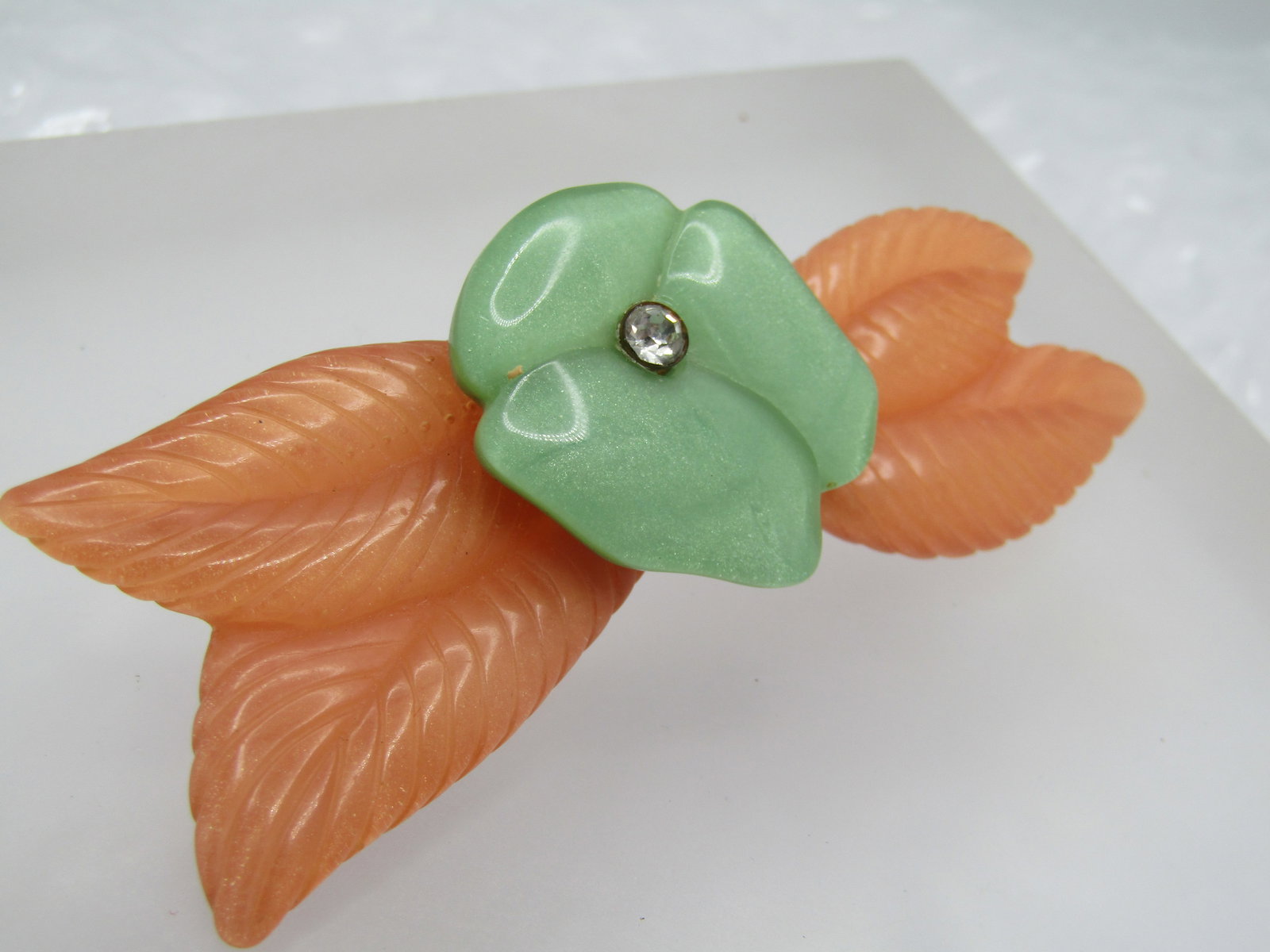 Vintage Celluloid Floral Brooch with Rhinestone. 2.5", - 3