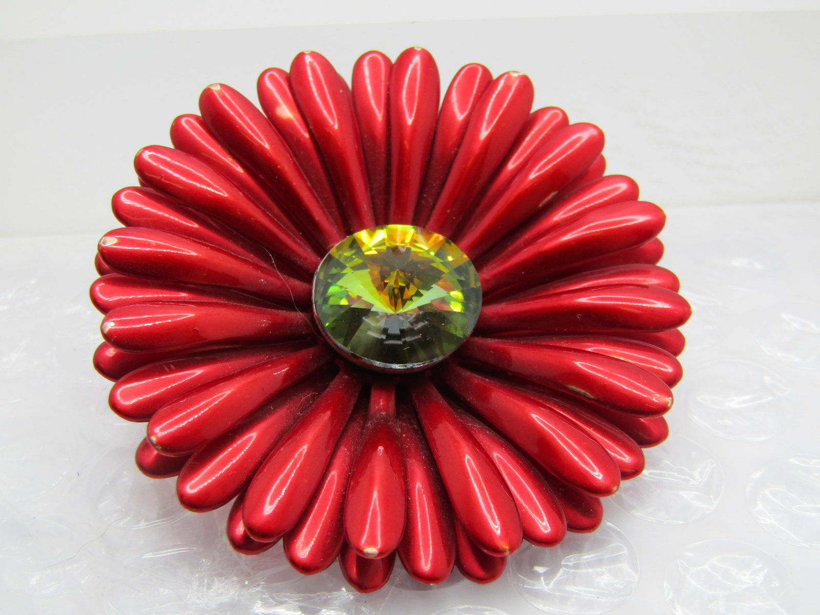 Vintage Red Gerbera Daisy Brooch, Rivoli Crystal Center, 2" - 3