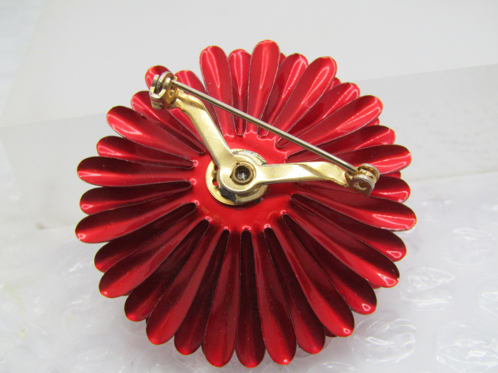 Vintage Red Gerbera Daisy Brooch, Rivoli Crystal Center, 2" - 4