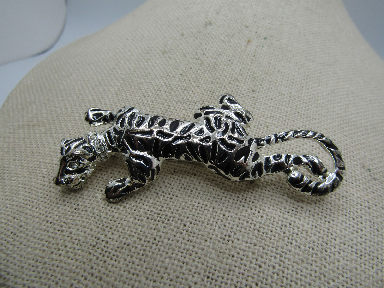 Enameled Tiger Brooch, Rhinestone Collar, 2.5" - 2