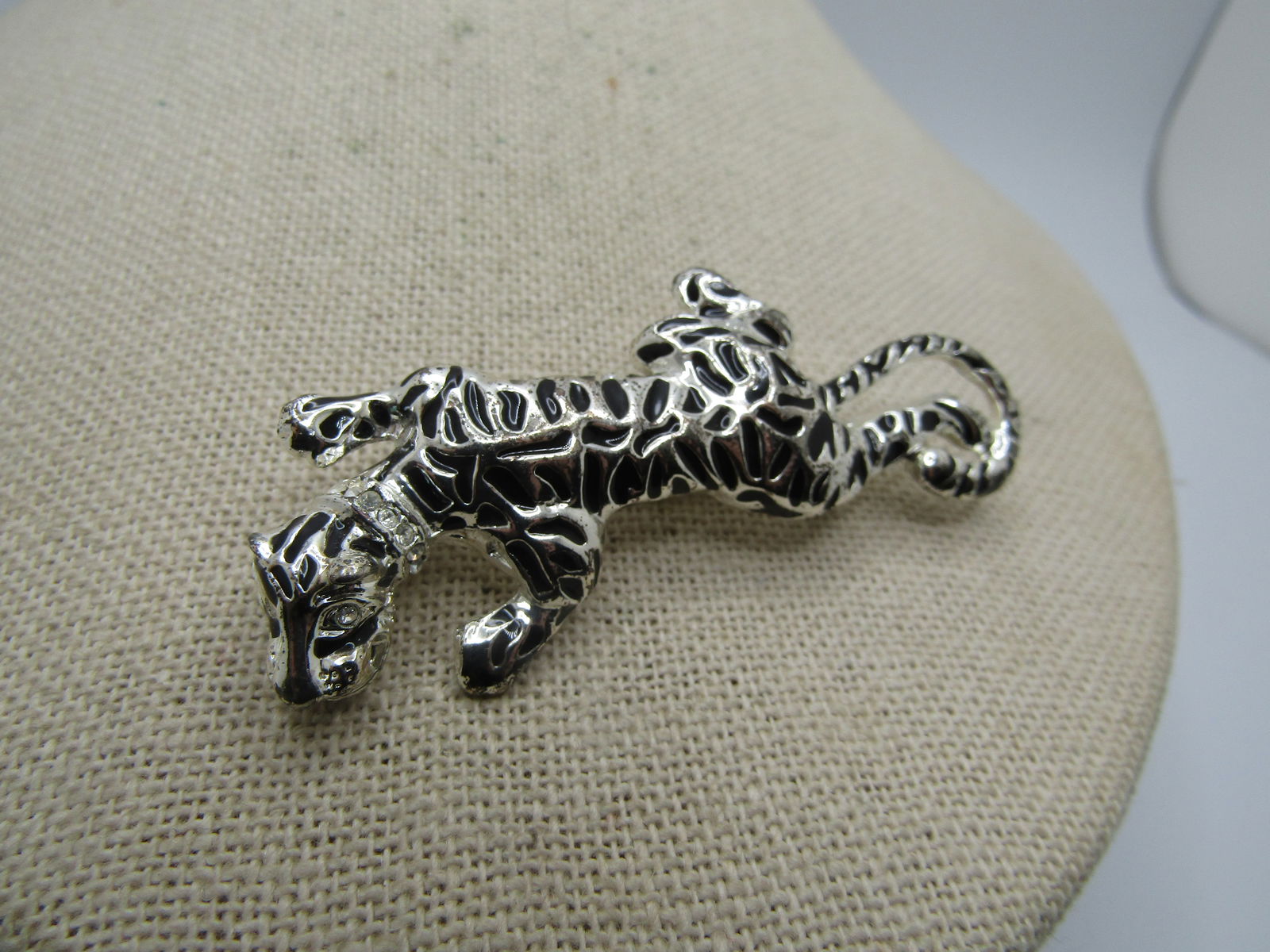 Enameled Tiger Brooch, Rhinestone Collar, 2.5" - 3