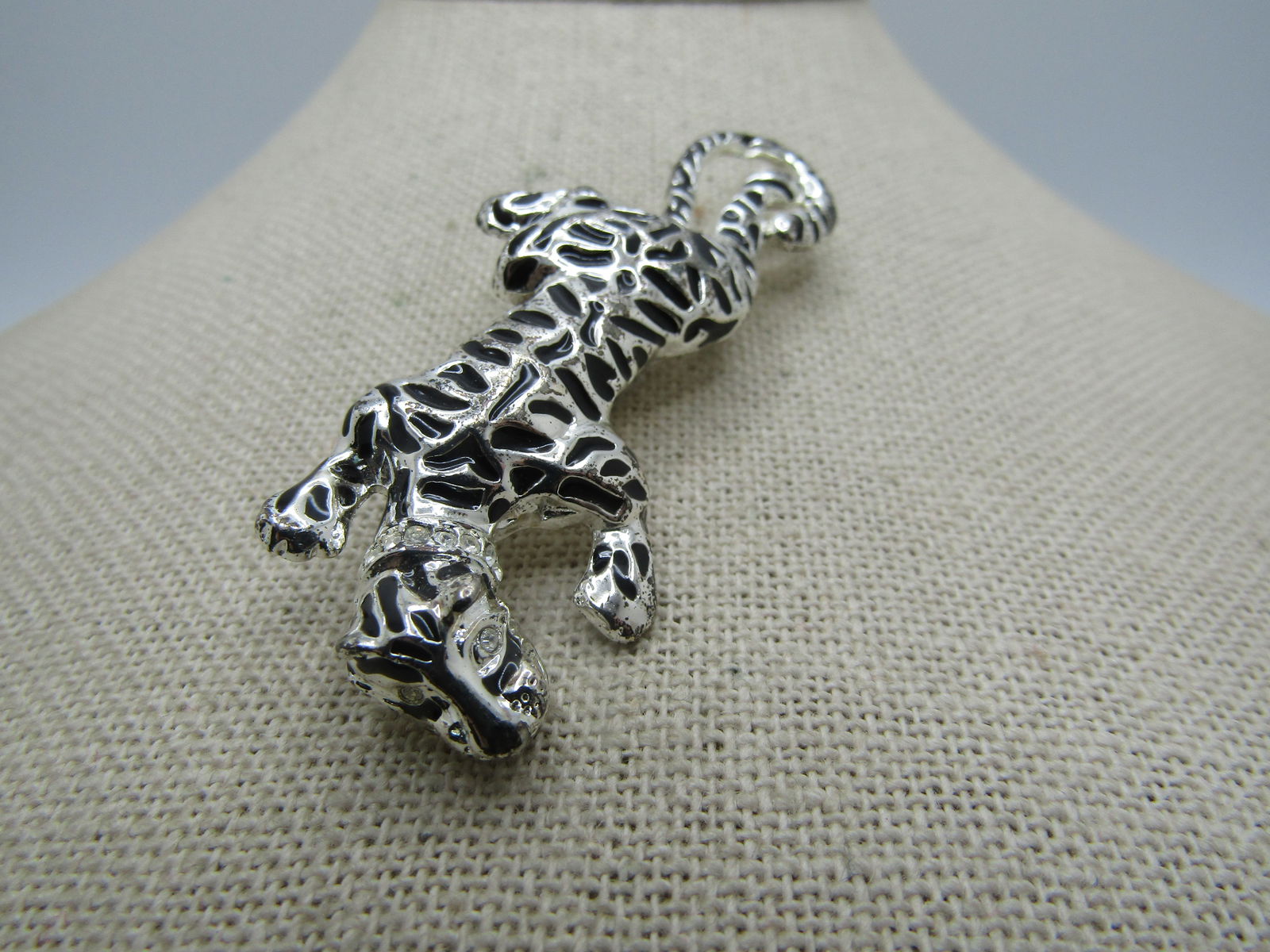Enameled Tiger Brooch, Rhinestone Collar, 2.5" - 4