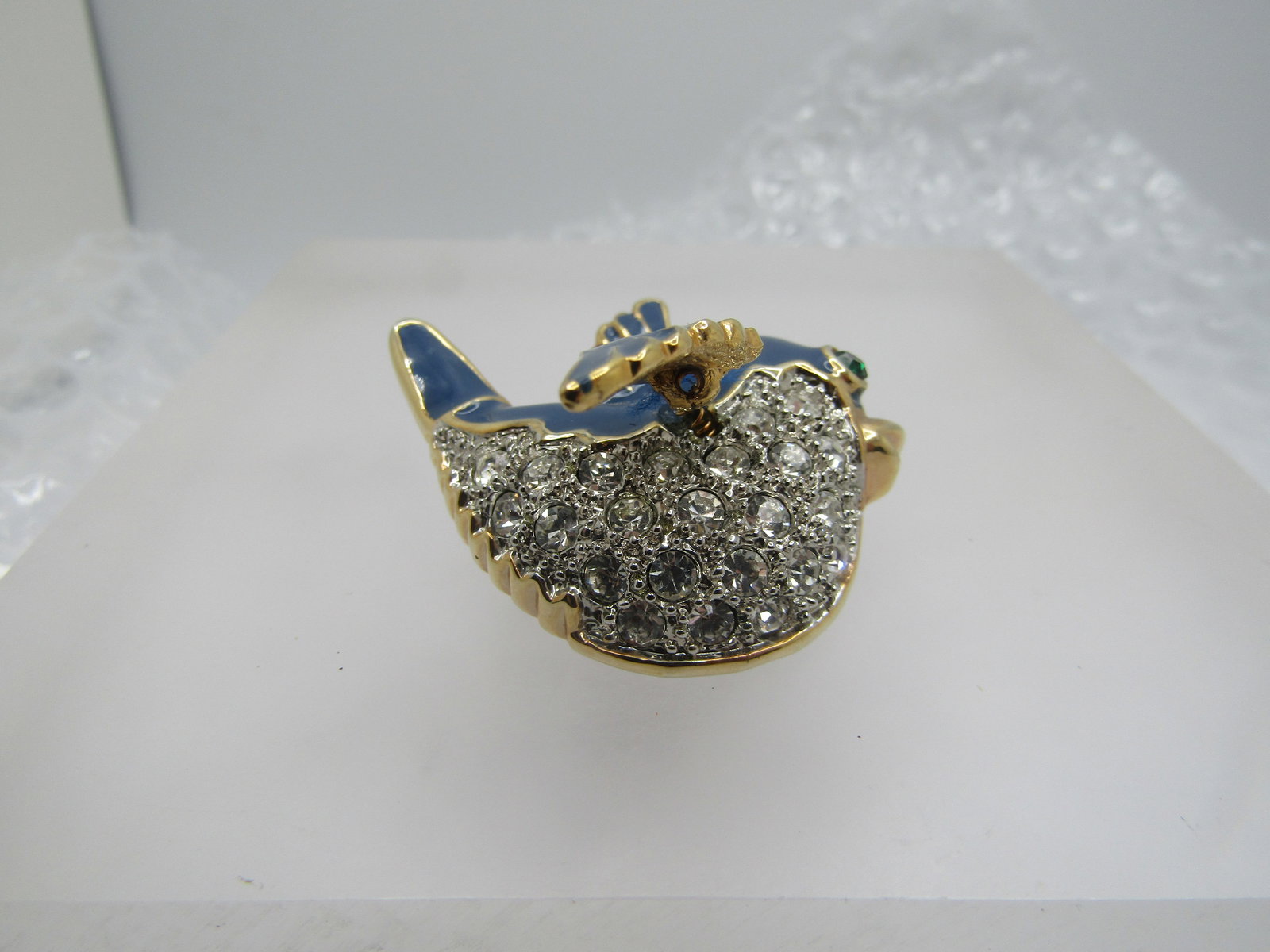 Vintage Blue Enameled & Rhinestone Trembler Bird Brooch - 4
