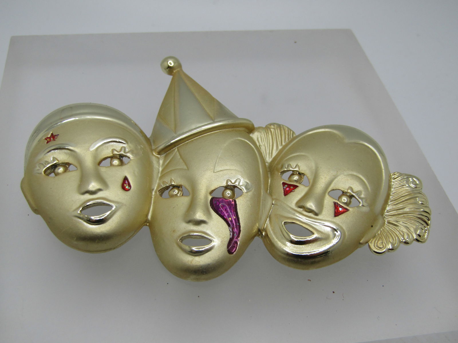 Vintage Three Clowns Brooch, Signed AJC Deco Themed, 1980's-1990's - 2