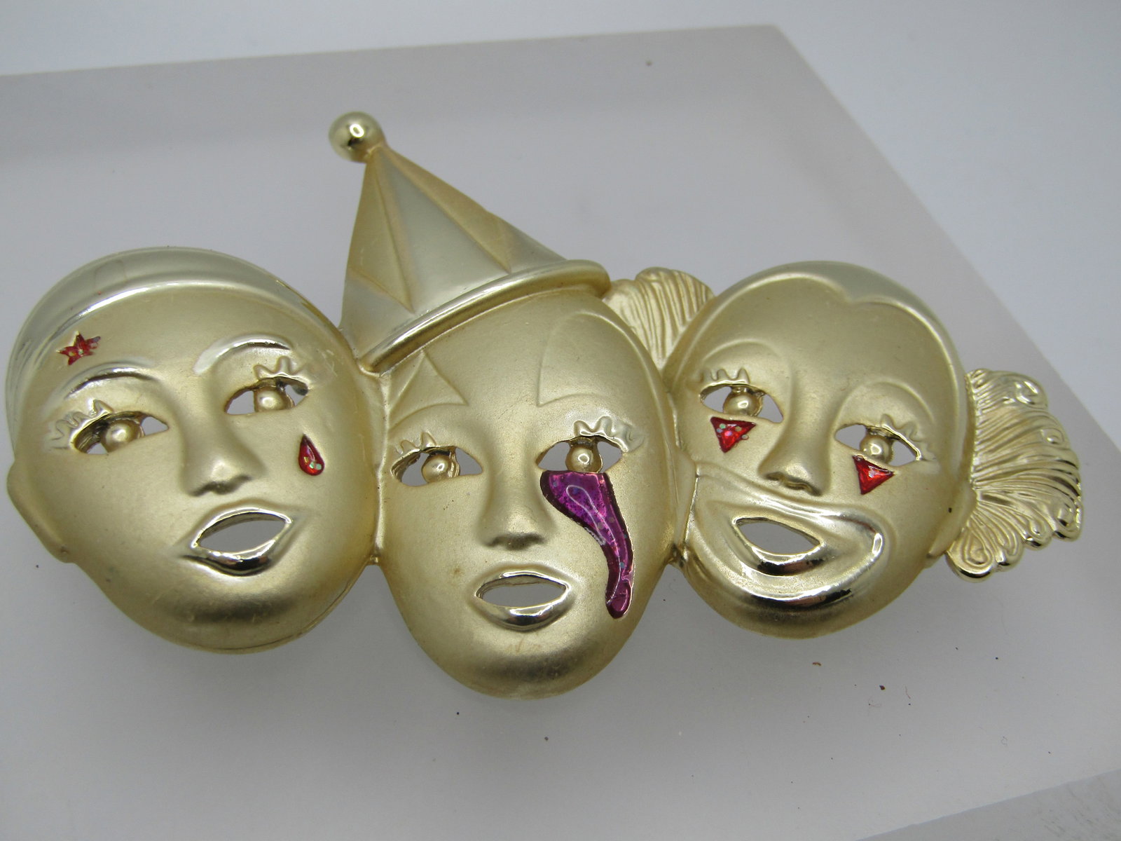 Vintage Three Clowns Brooch, Signed AJC Deco Themed, 1980's-1990's - 3