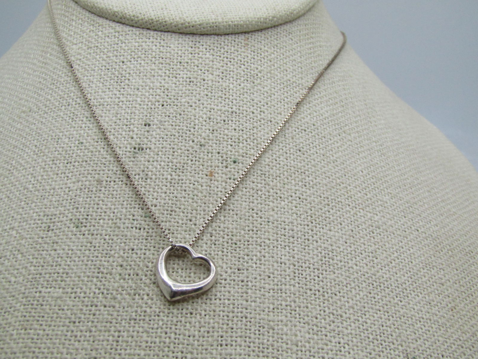 Vintage Sterling Puffy Open Heart Necklace, 18", 1980's-1990's, Signed: Vintage Sterling Puffy Open Heart Necklace, 18", 1980's-1990's, Signed. The chain is a box chain that is appx. 1mm wide with a spring clasp. It is marked .925 and Italy and signed HAN . The heart is o