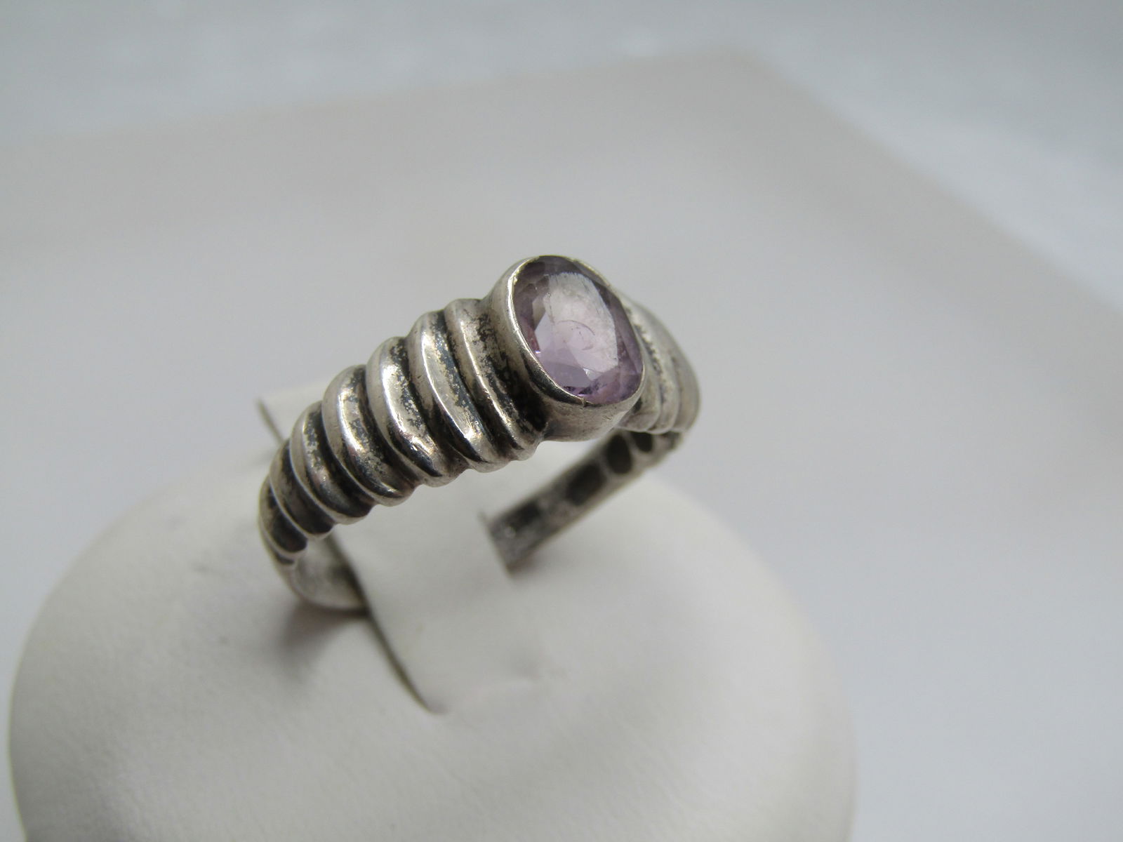 Vintage Sterling Amethyst Ring, Ridged Band, Sz. 7.75, Signed - 2