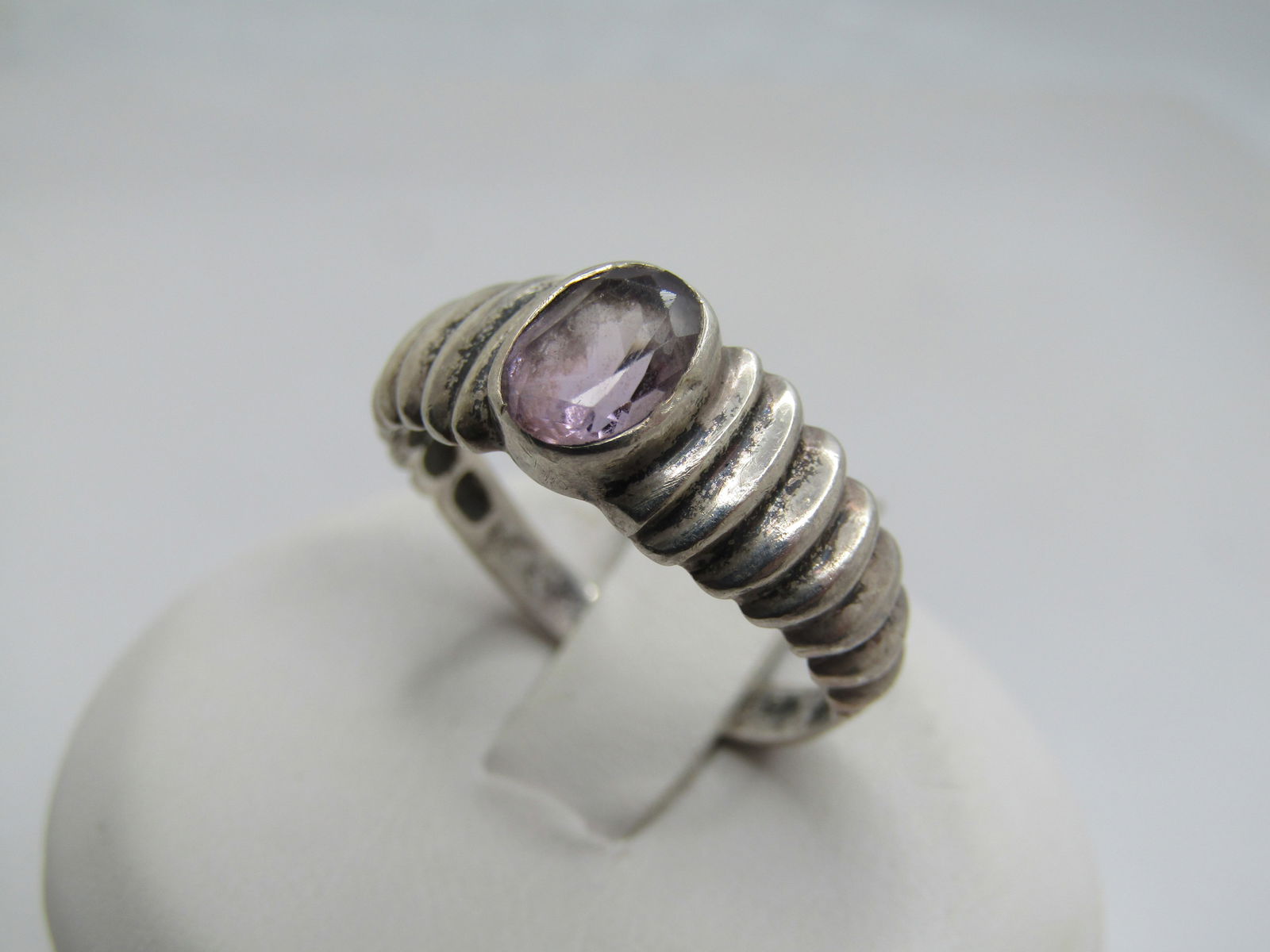 Vintage Sterling Amethyst Ring, Ridged Band, Sz. 7.75, Signed - 3