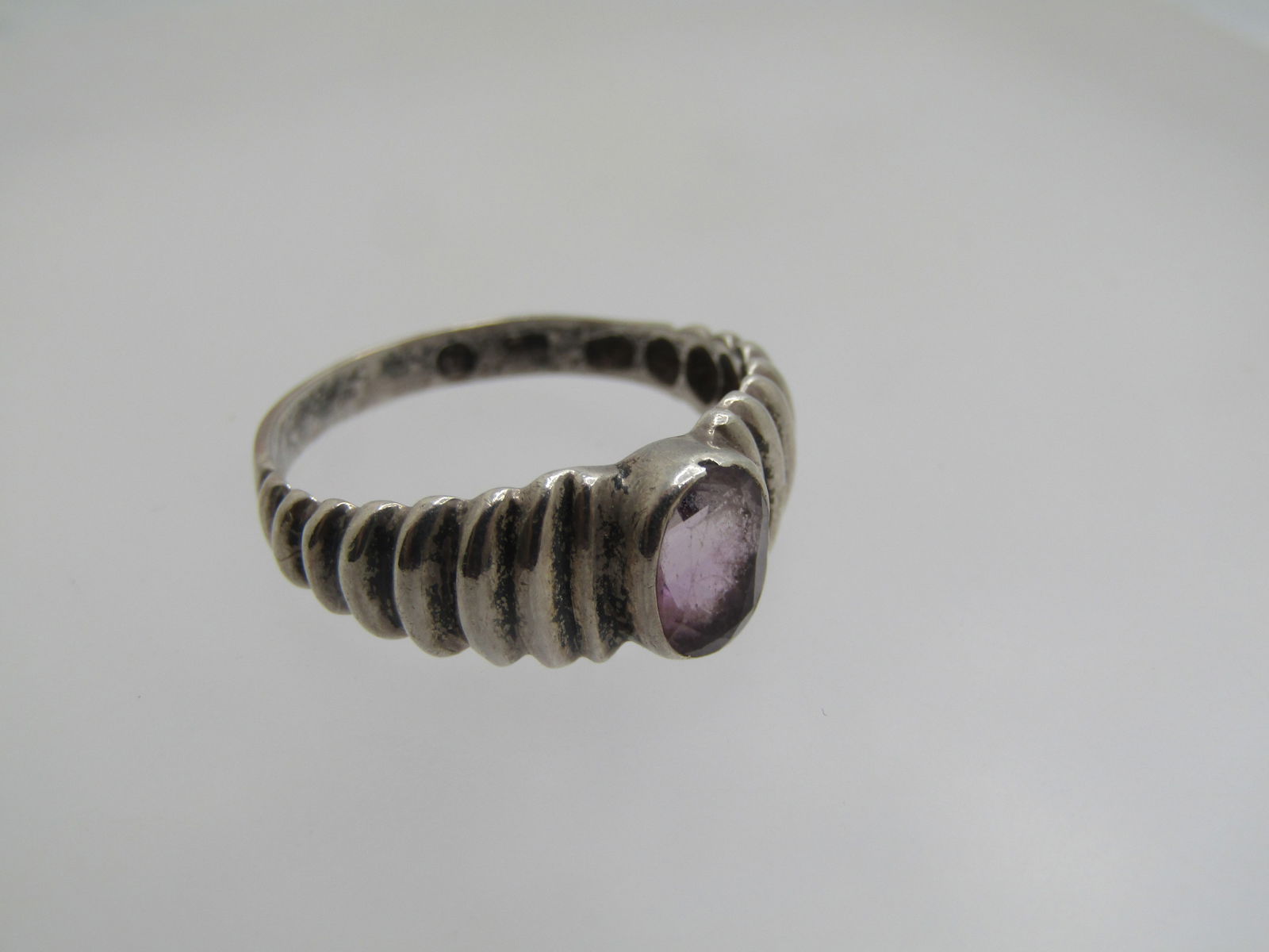 Vintage Sterling Amethyst Ring, Ridged Band, Sz. 7.75, Signed - 7