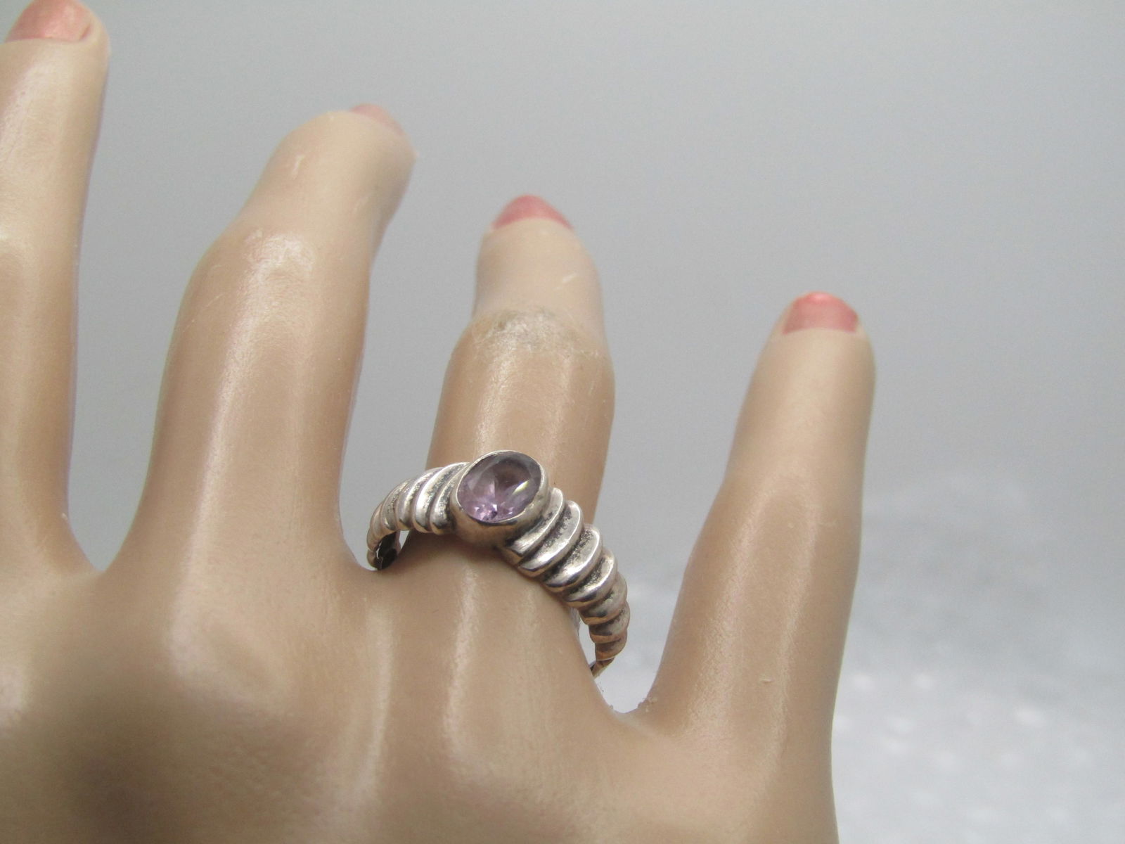 Vintage Sterling Amethyst Ring, Ridged Band, Sz. 7.75, Signed - 8