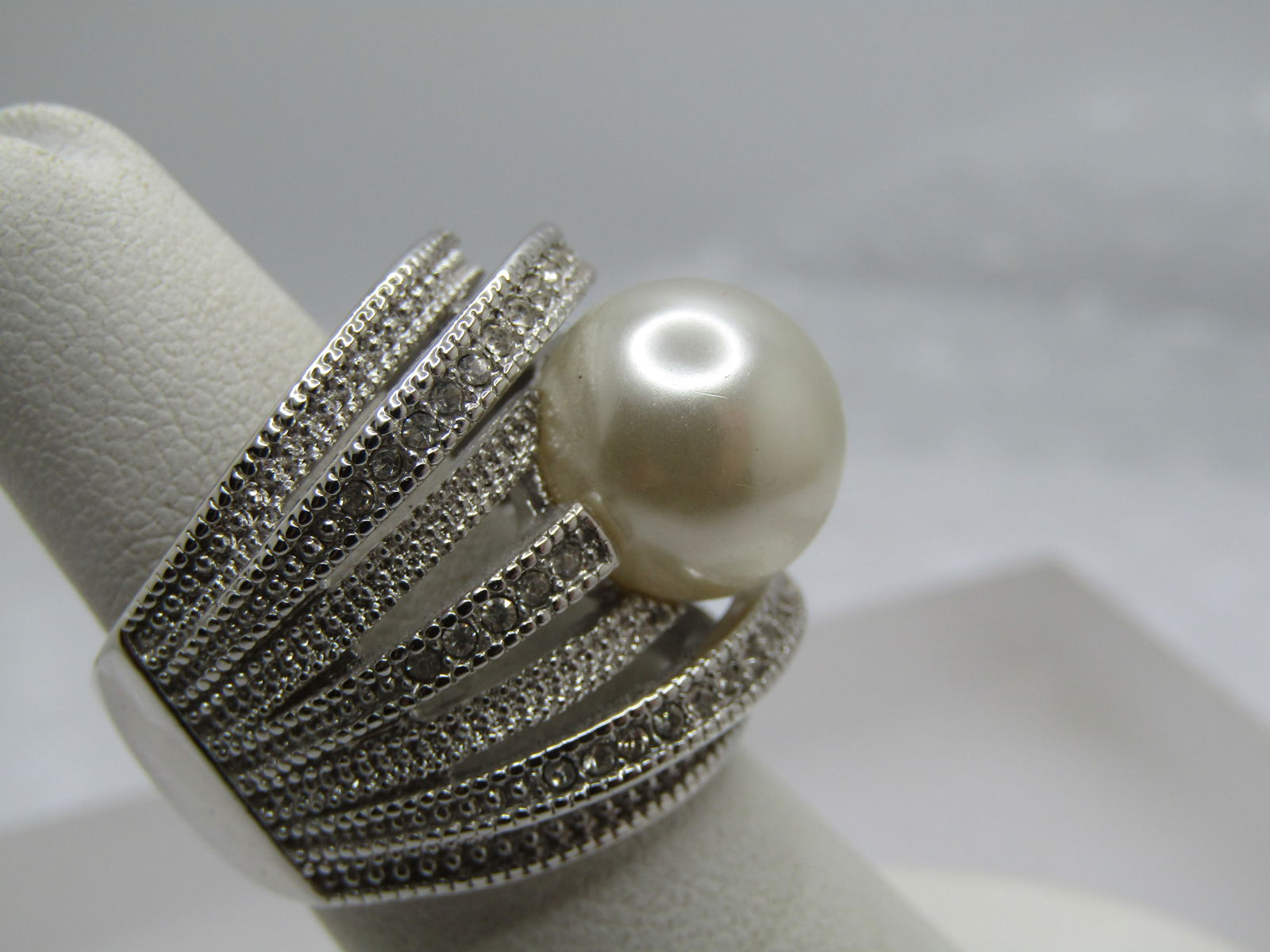 Silver Tone Faux Pearl Statement Ring, Sz. 5-7, Clear Stones, Signed - 2