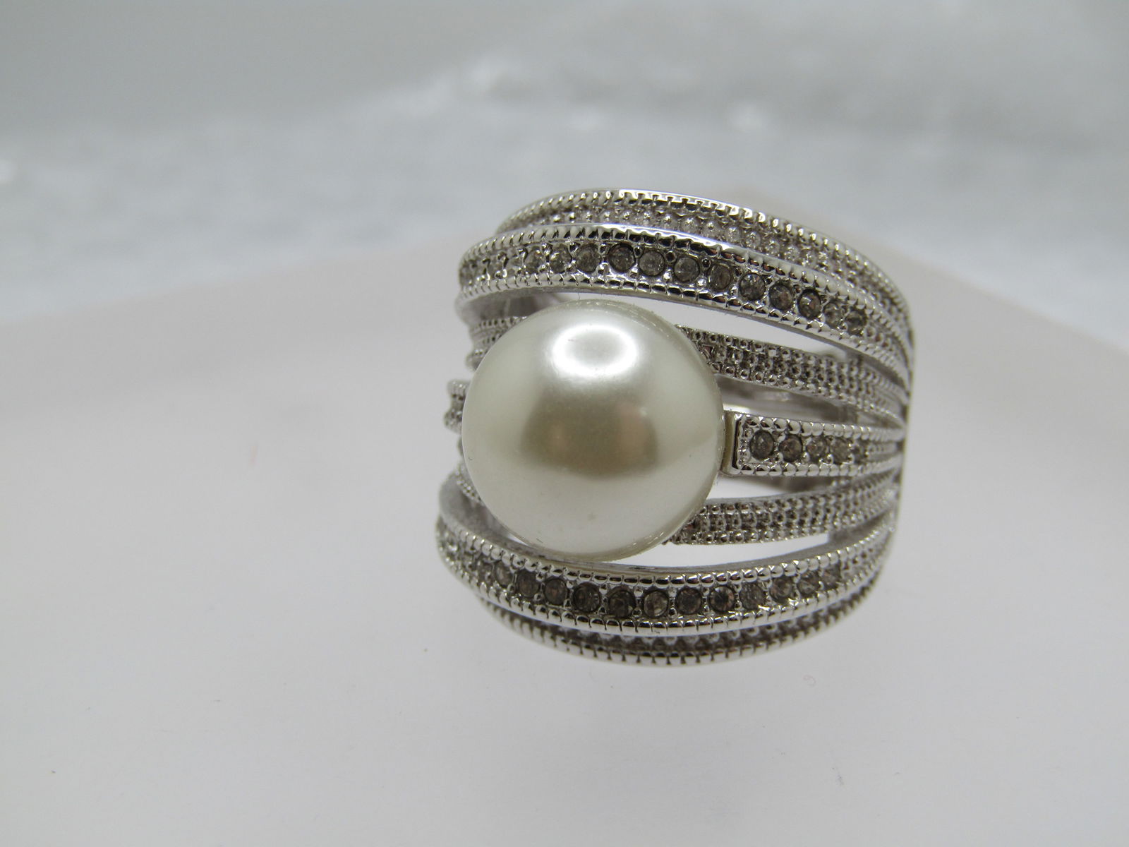 Silver Tone Faux Pearl Statement Ring, Sz. 5-7, Clear Stones, Signed - 4