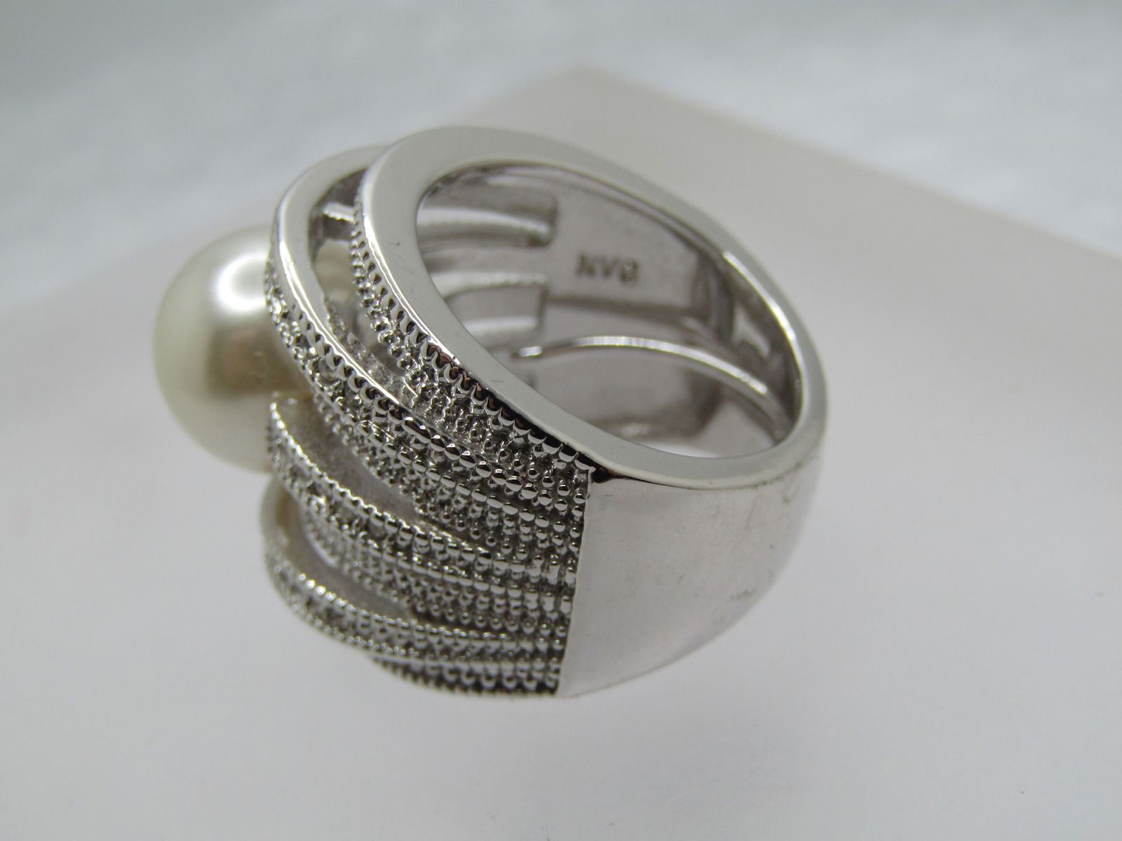 Silver Tone Faux Pearl Statement Ring, Sz. 5-7, Clear Stones, Signed - 5