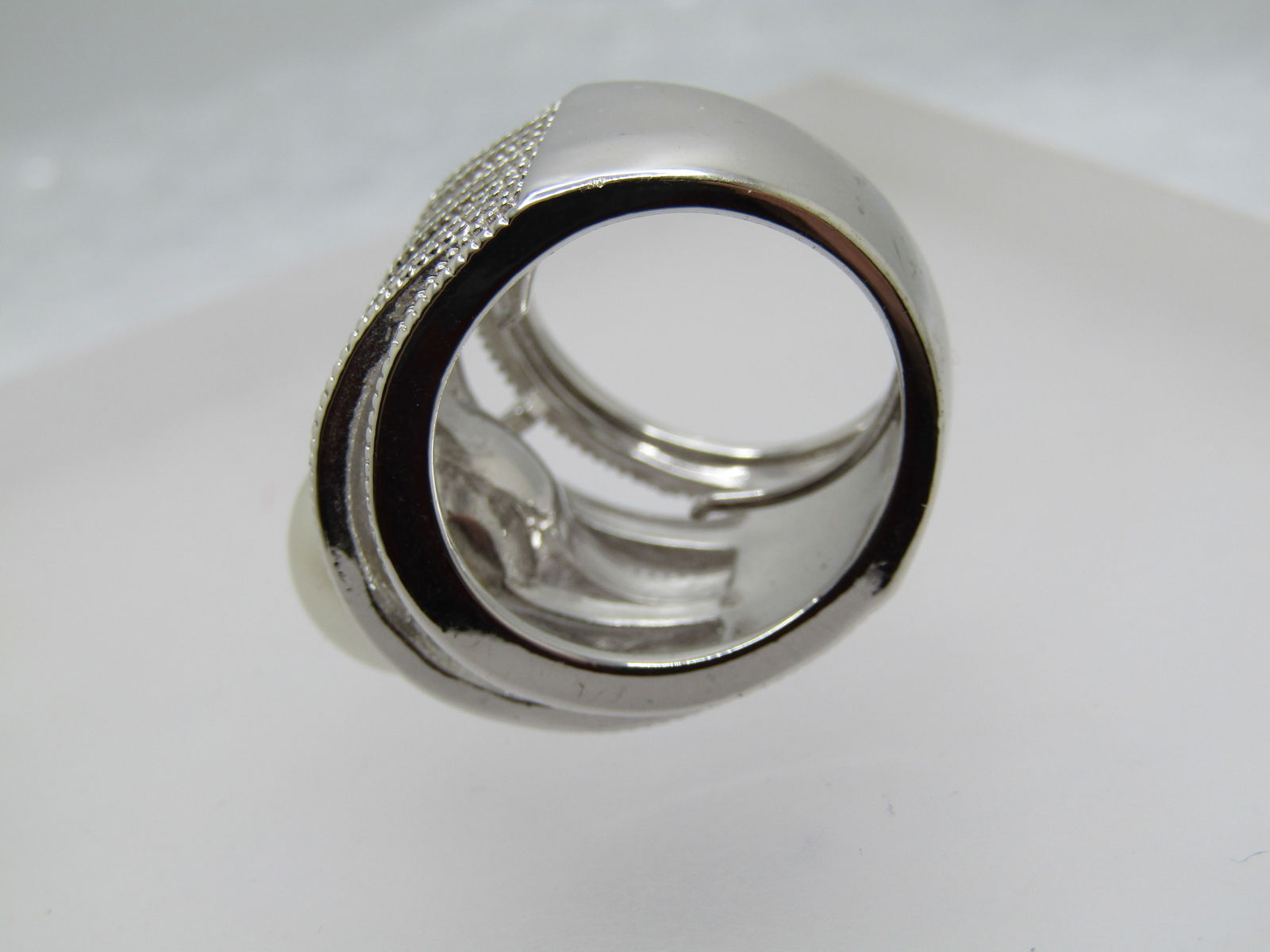 Silver Tone Faux Pearl Statement Ring, Sz. 5-7, Clear Stones, Signed - 6