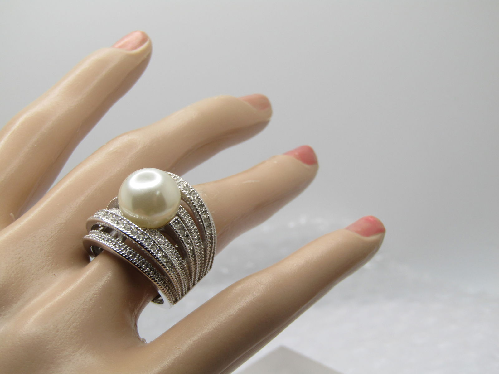 Silver Tone Faux Pearl Statement Ring, Sz. 5-7, Clear Stones, Signed - 7
