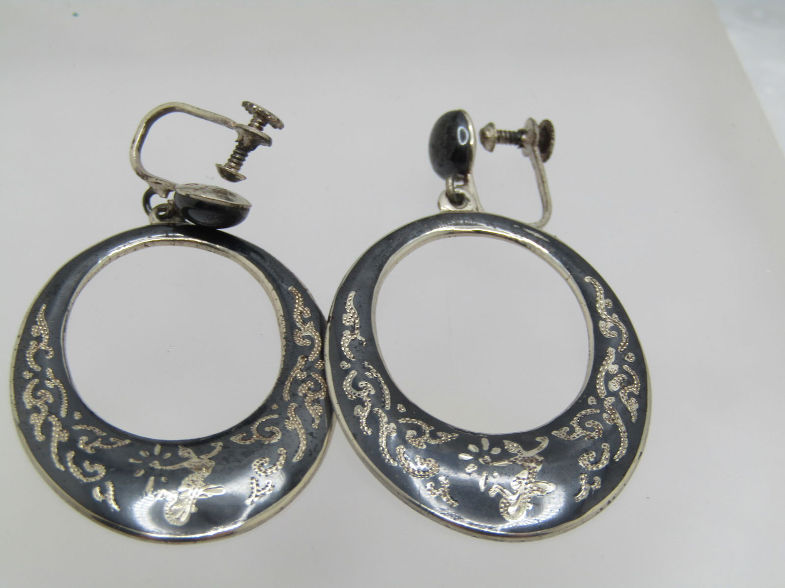 Vintage Sterling Siam Goddess Stud/Hoop Earrings, 1940's-1950's, Enameled Screwback. - 6