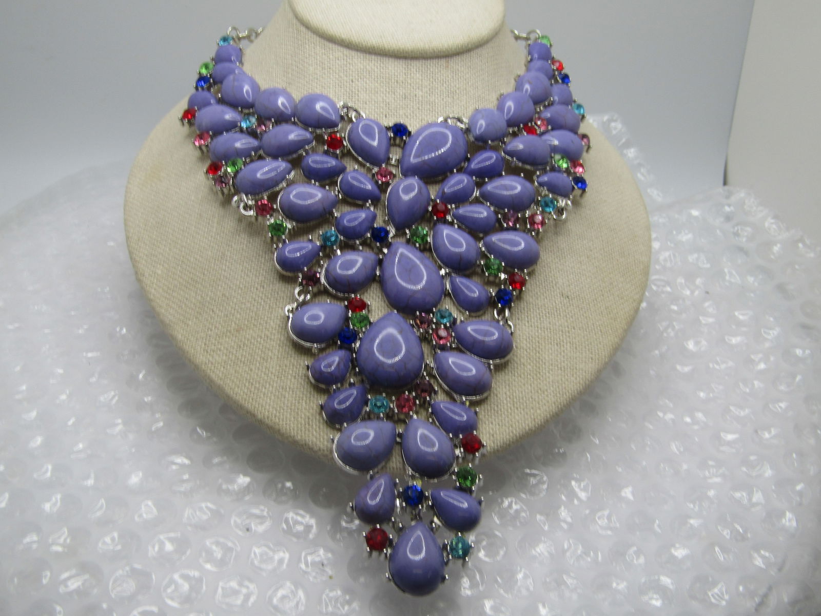Costume Faux Purple Stone Statement Necklace, 22", Rhinestone Accents, 2000's - 2