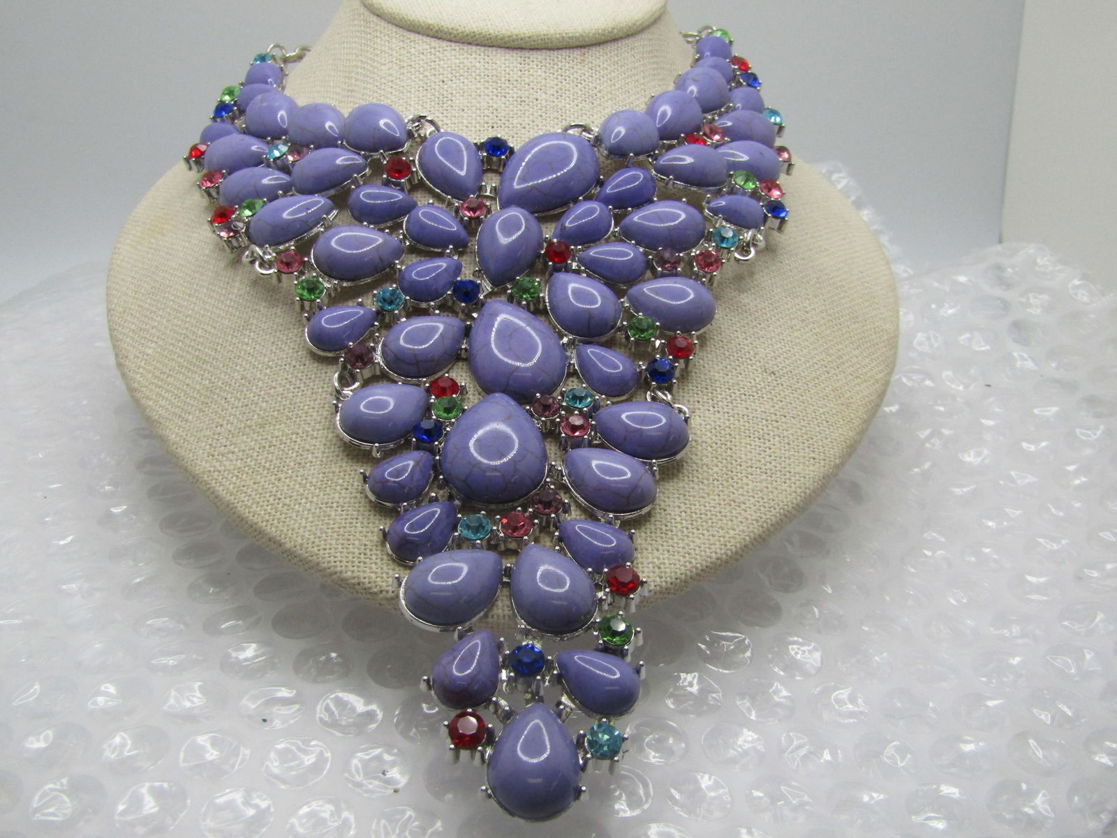 Costume Faux Purple Stone Statement Necklace, 22", Rhinestone Accents, 2000's - 3
