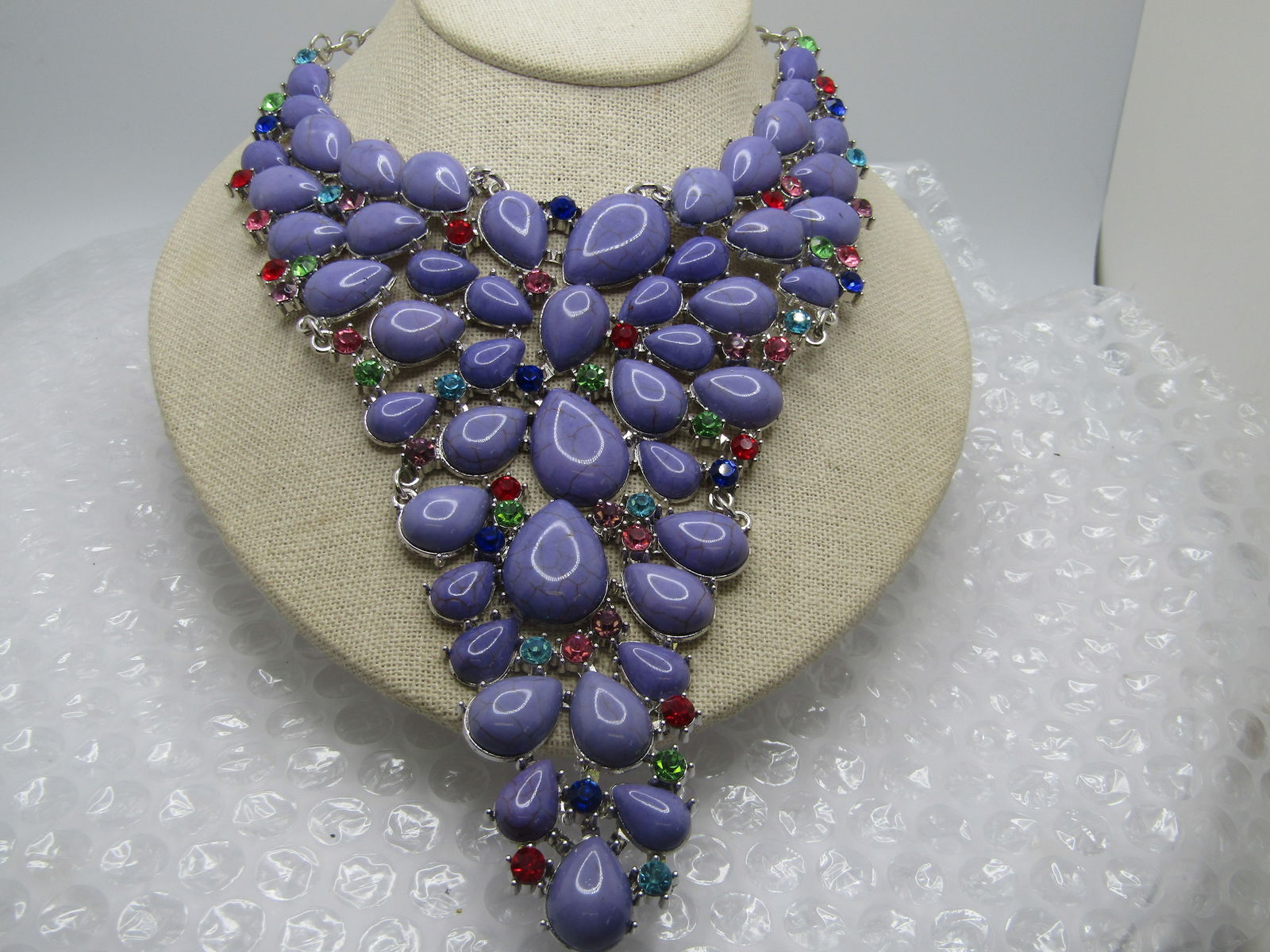 Costume Faux Purple Stone Statement Necklace, 22", Rhinestone Accents, 2000's - 4