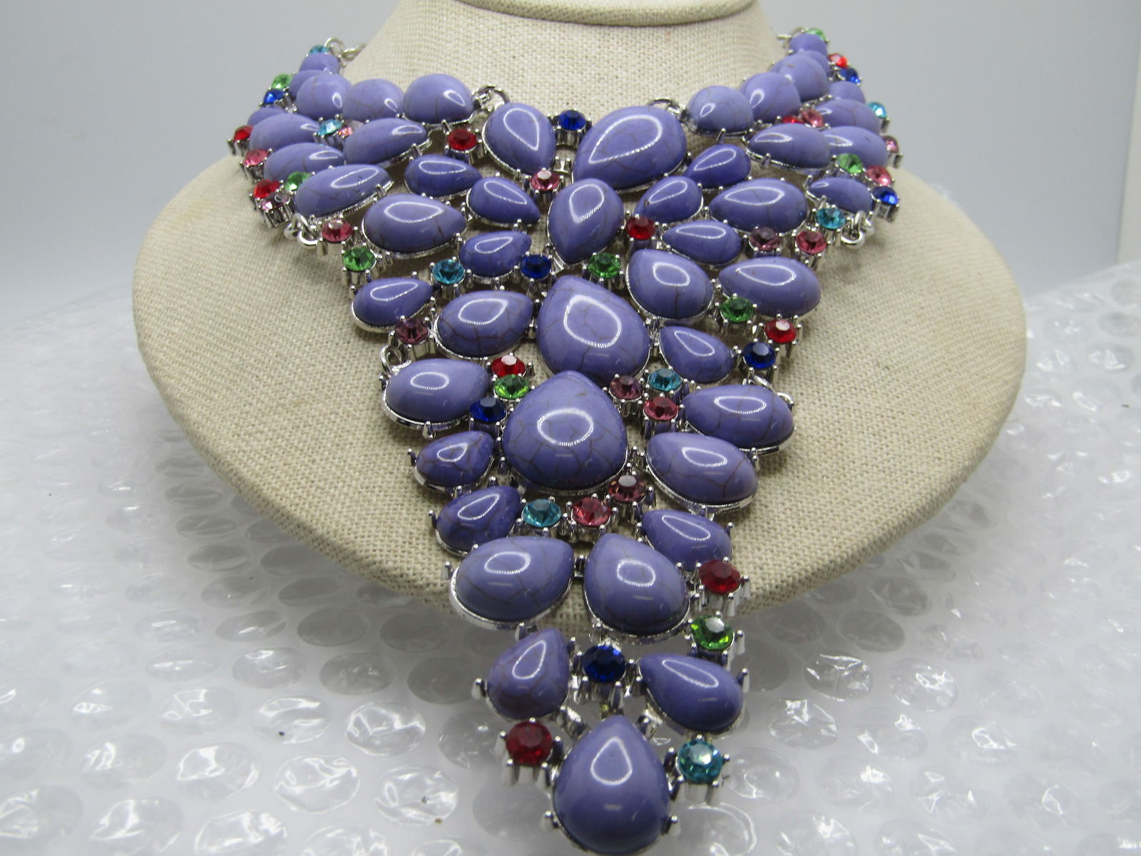 Costume Faux Purple Stone Statement Necklace, 22", Rhinestone Accents, 2000's - 5